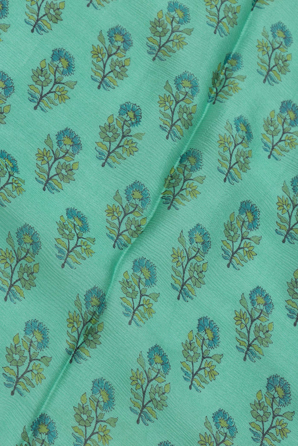 Close up of Sea Green Dual Tone Mysore Chiffon Saree with Printed design on the body and Zari Border.  displaying folds