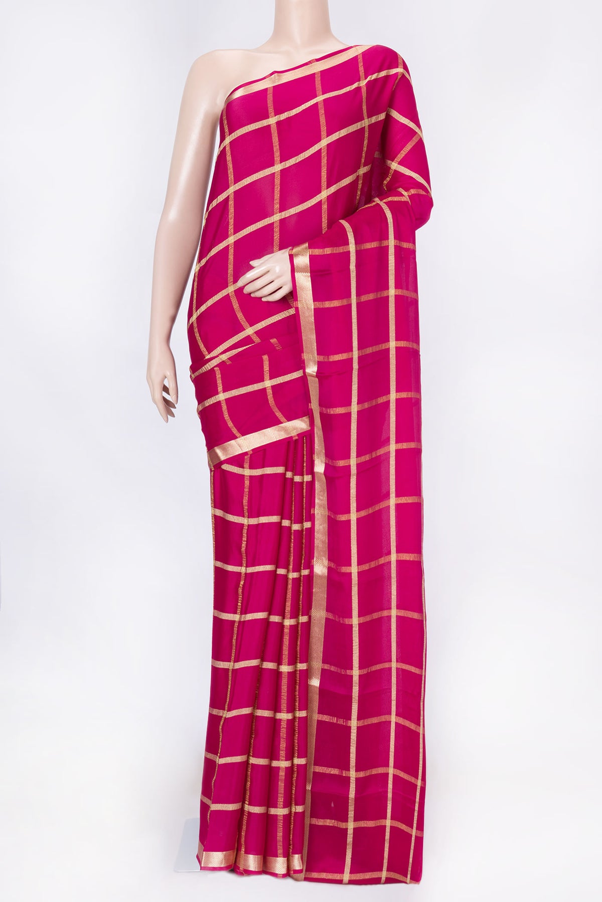 Pink Dual Tone Mysore Crepe Saree with Checked design on the body and Zari Border displayed on a mannequin