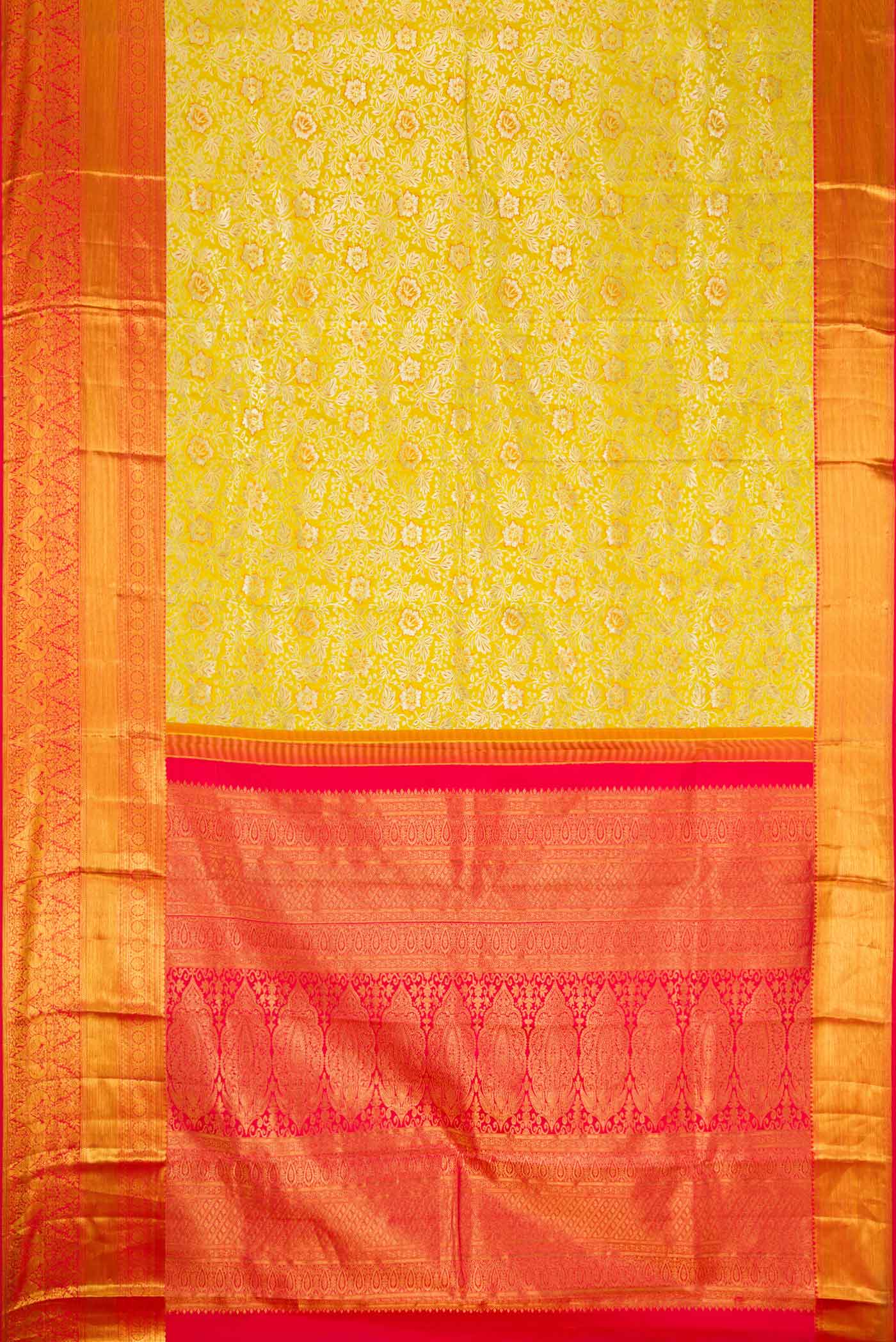 Flat view of Parrot Green Dual Tone Kanjivaram Silk Saree with Zari Brocade on the body and Zari Border. 