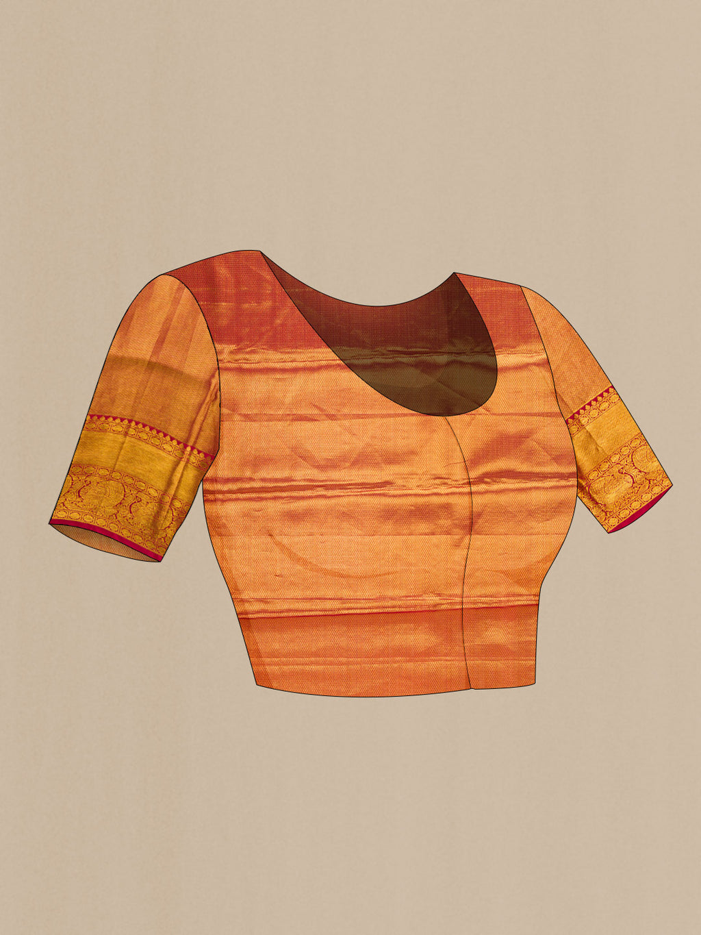 Close up image of the blouse of Gold Dual Tone Kanjivaram Tissue Silk Saree with Zari Brocade on the body and Zari Border. 