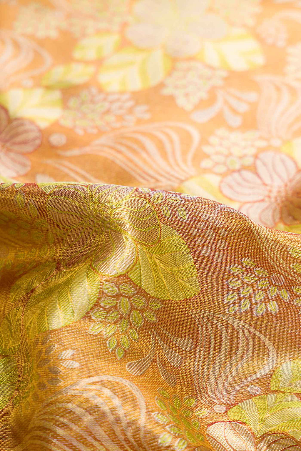 Close up of Gold Dual Tone Kanjivaram Tissue Silk Saree with Zari Brocade on the body and Zari Border.  displaying folds