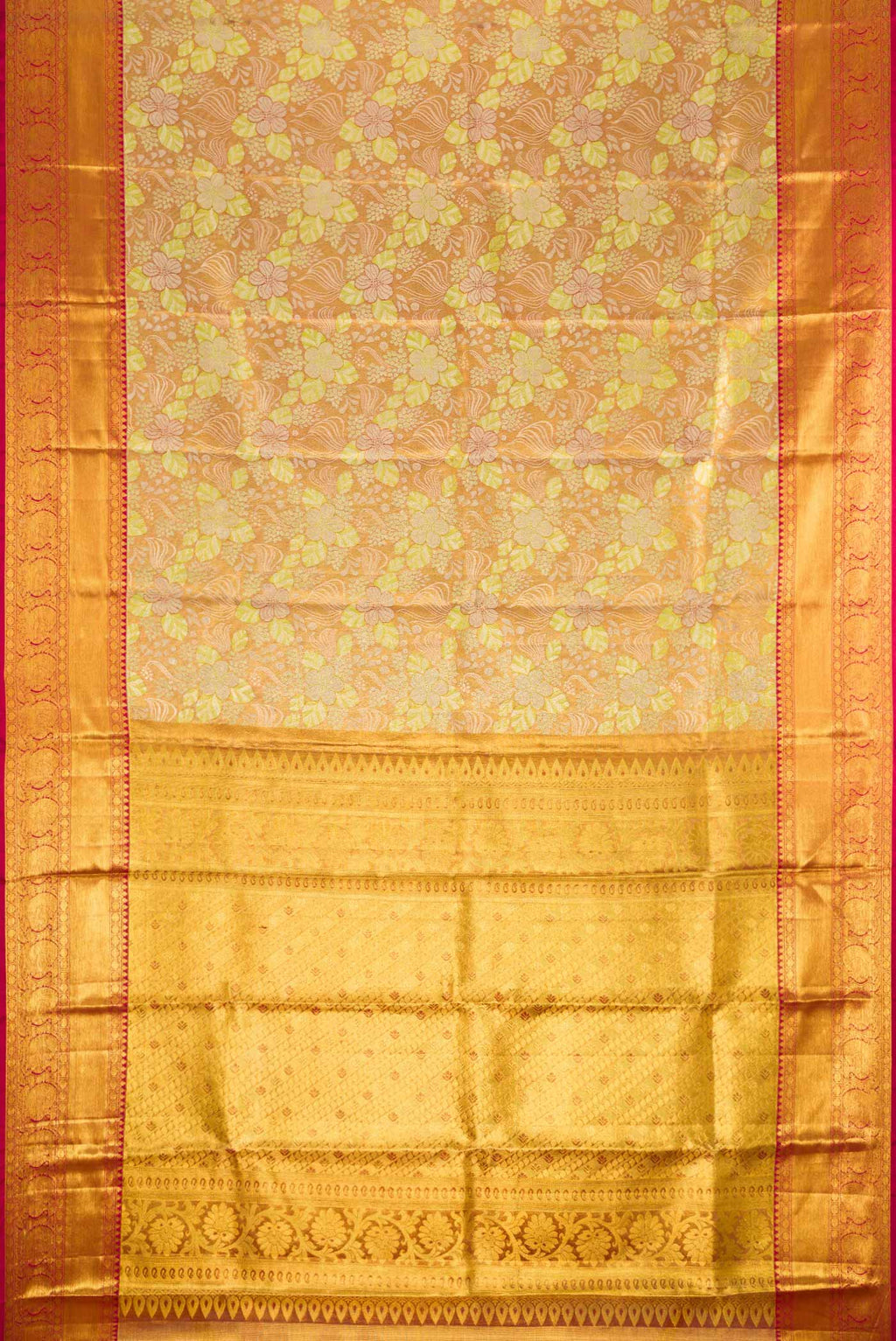 Flat view of Gold Dual Tone Kanjivaram Tissue Silk Saree with Zari Brocade on the body and Zari Border. 