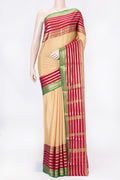 Beige Dual Tone Mysore Crepe Saree with Plain Body and Zari Border displayed on a mannequin
