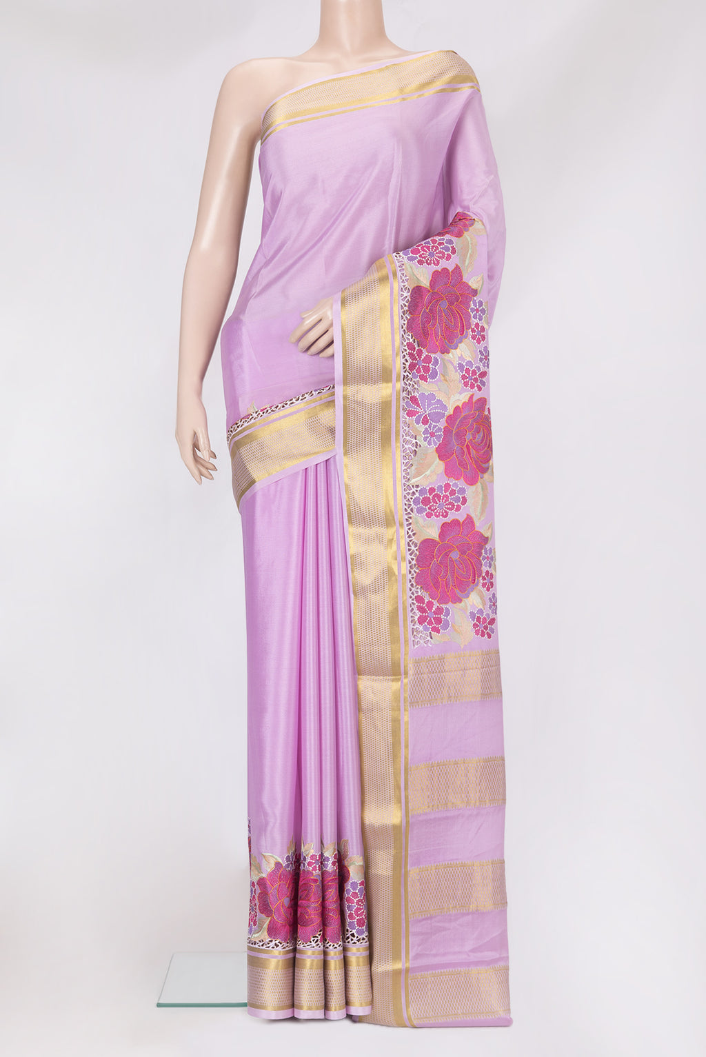 Lavender Mysore Crepe Saree with Plain Body and Embroidery Border.  displayed on a mannequin