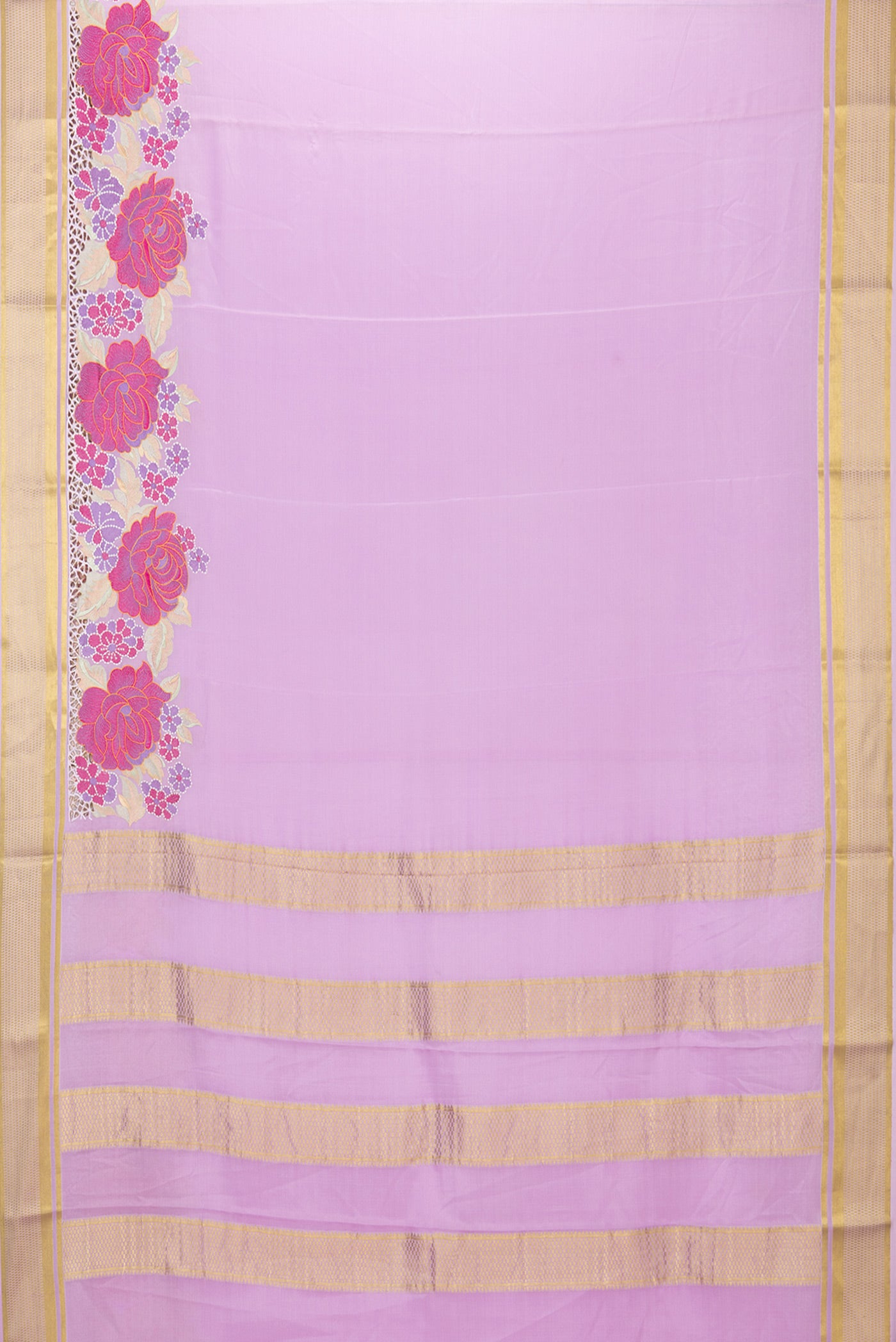 Flat view of Lavender Mysore Crepe Saree with Plain Body and Embroidery Border. 