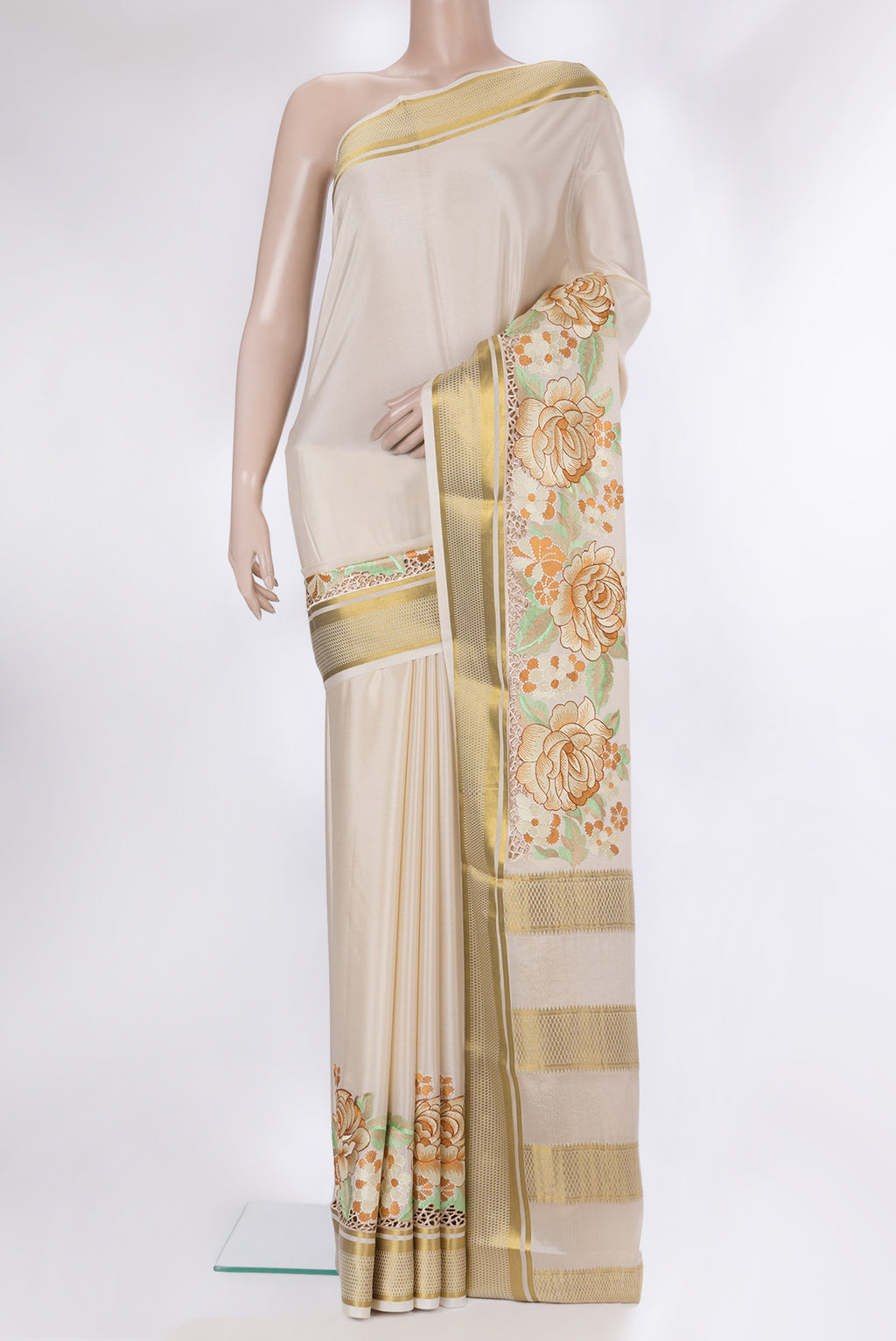 Cream Mysore Crepe Saree with Plain Body and Embroidery Border.  displayed on a mannequin