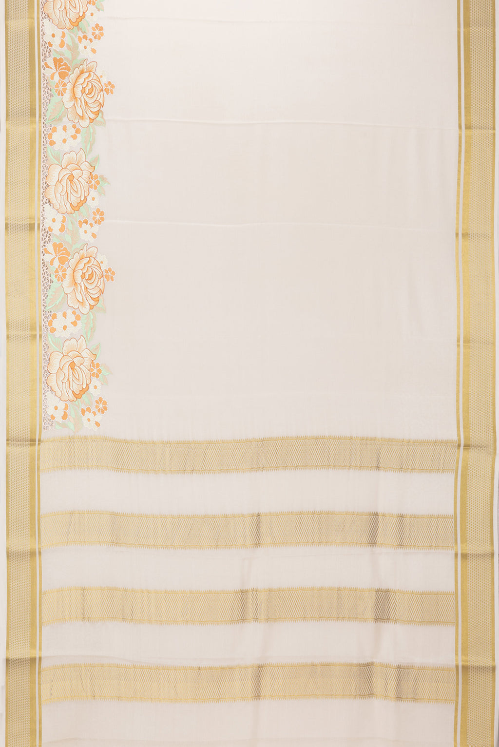 Flat view of Cream Mysore Crepe Saree with Plain Body and Embroidery Border. 
