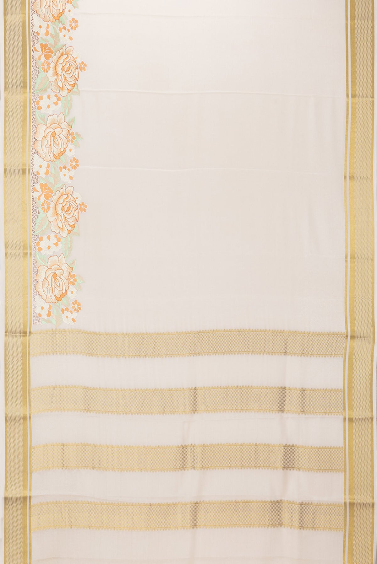 Flat view of Cream Mysore Crepe Saree with Plain Body and Embroidery Border. 