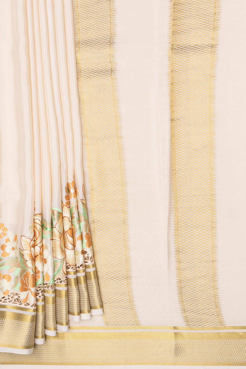 Pleats and pallu of Cream Mysore Crepe Saree with Plain Body and Embroidery Border. 