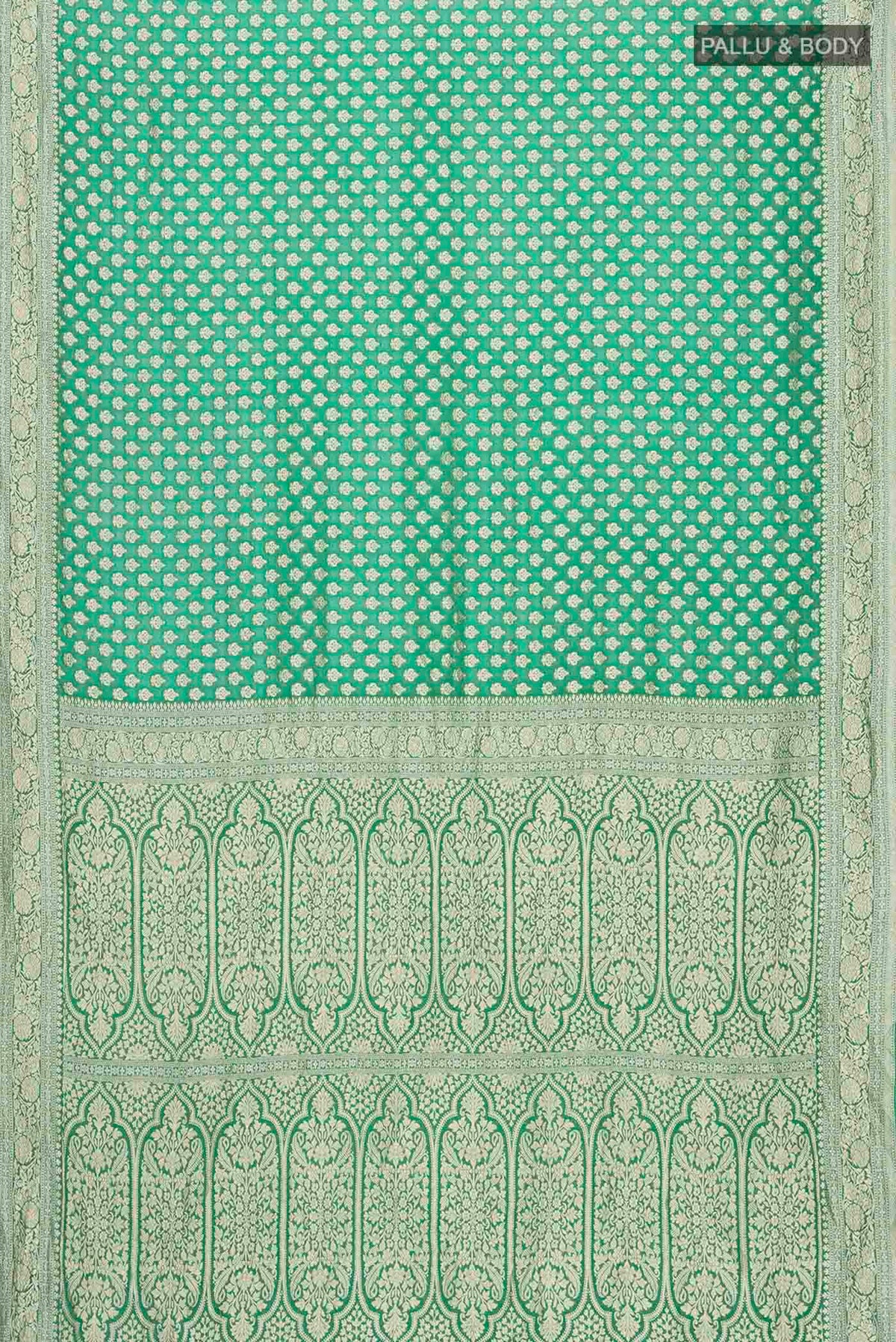 Flat view of Green Banarasi Georgette Saree with Zari Butta on the body and Zari Border