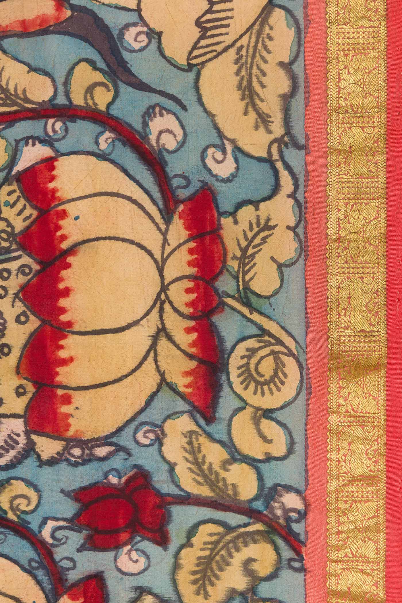 Border image of Blue Dual Tone Kanjivaram Silk Saree with kalamkari Print on the body and Zari Border. 