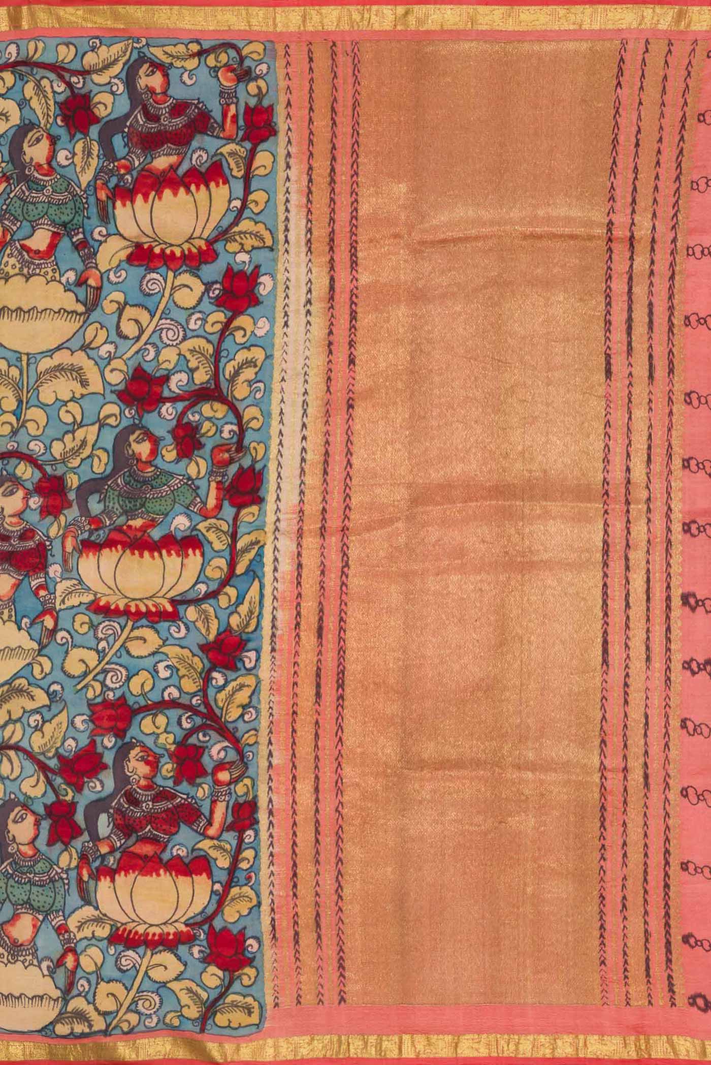 Close up image of the pallu of Blue Dual Tone Kanjivaram Silk Saree with kalamkari Print on the body and Zari Border. 