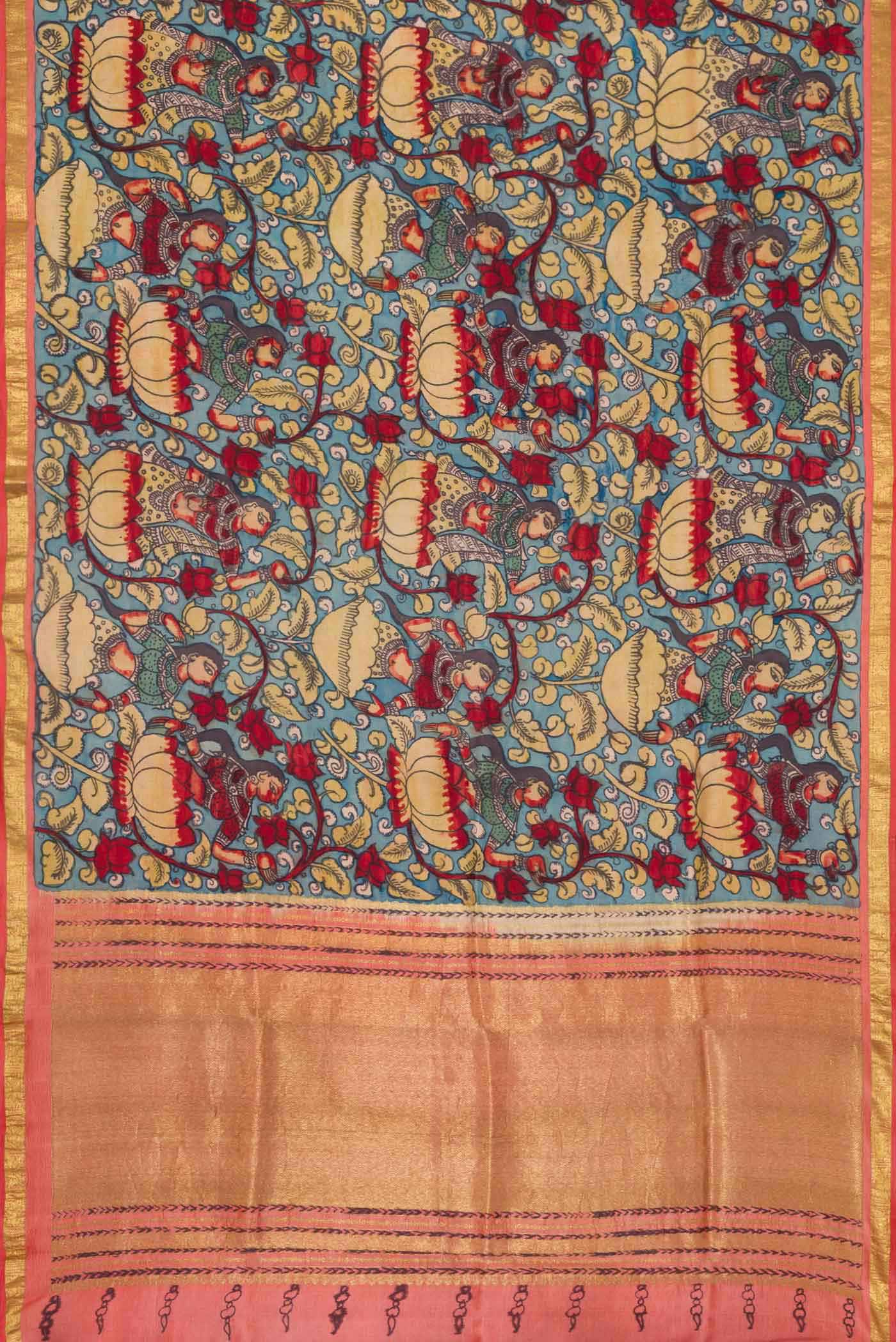 Flat view of Blue Dual Tone Kanjivaram Silk Saree with kalamkari Print on the body and Zari Border. 