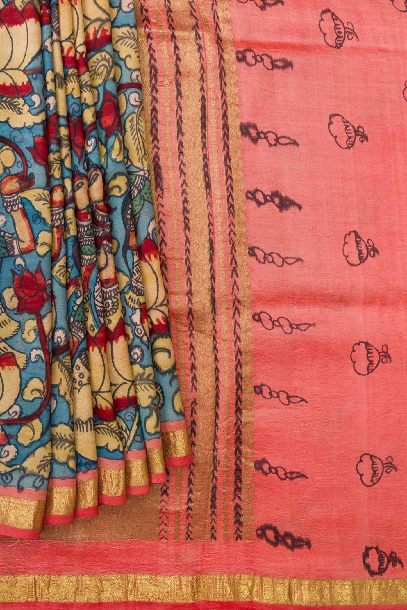 Pleats and pallu of Blue Dual Tone Kanjivaram Silk Saree with kalamkari Print on the body and Zari Border. 