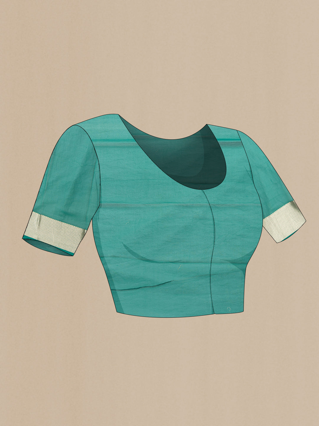 Close up image of the blouse of Green Dual Tone Georgette Saree with Zari Butta on the body and Zari Border. 