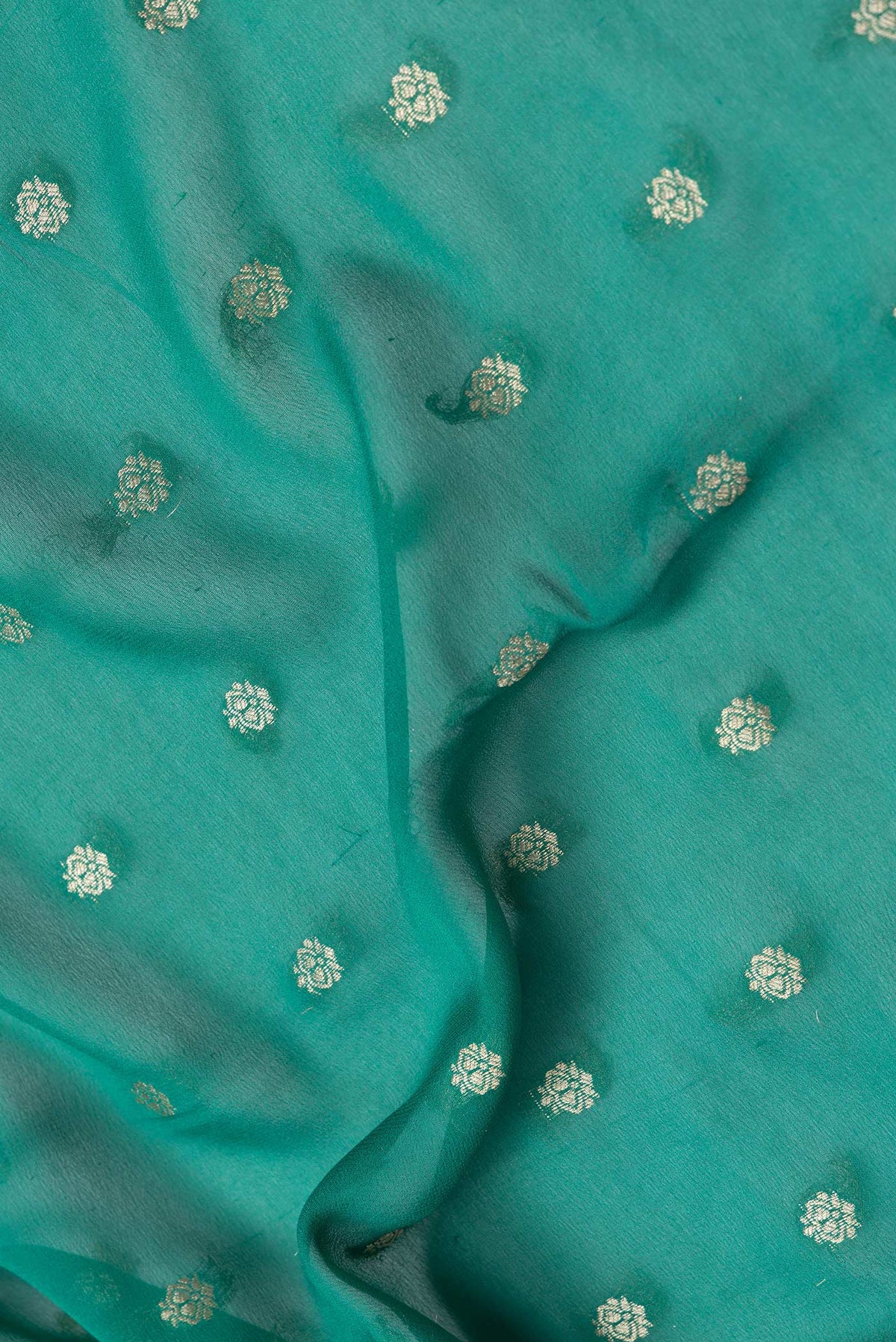 Close up of Green Dual Tone Georgette Saree with Zari Butta on the body and Zari Border.  displaying folds