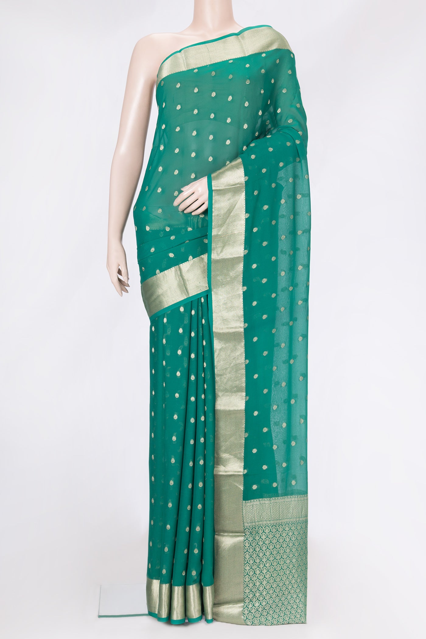 Green Dual Tone Georgette Saree with Zari Butta on the body and Zari Border.  displayed on a mannequin