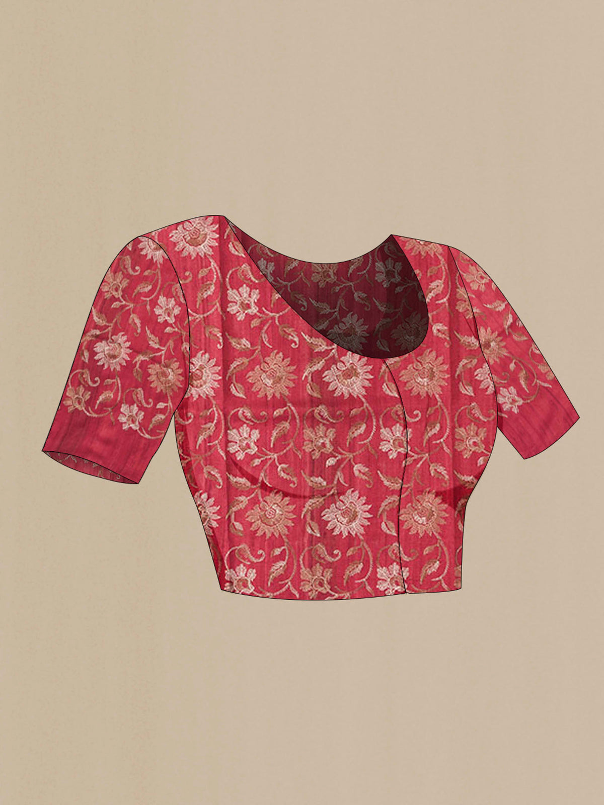 Close up image of the blouse of Beige Bhagalpuri Tussar Silk Saree with Printed design on the body and Embroidery Border