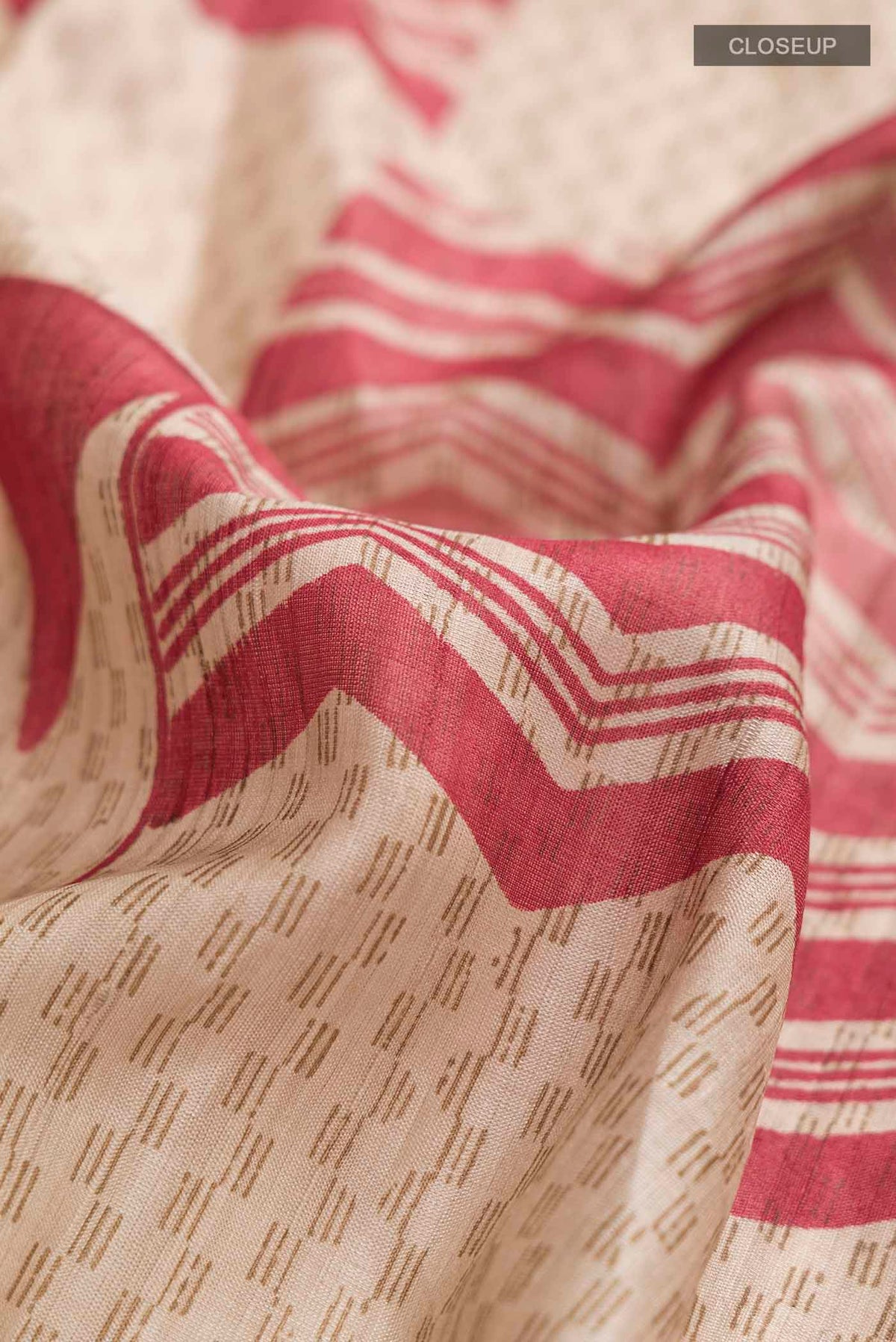 Close up of Beige Bhagalpuri Tussar Silk Saree with Printed design on the body and Embroidery Border displaying folds