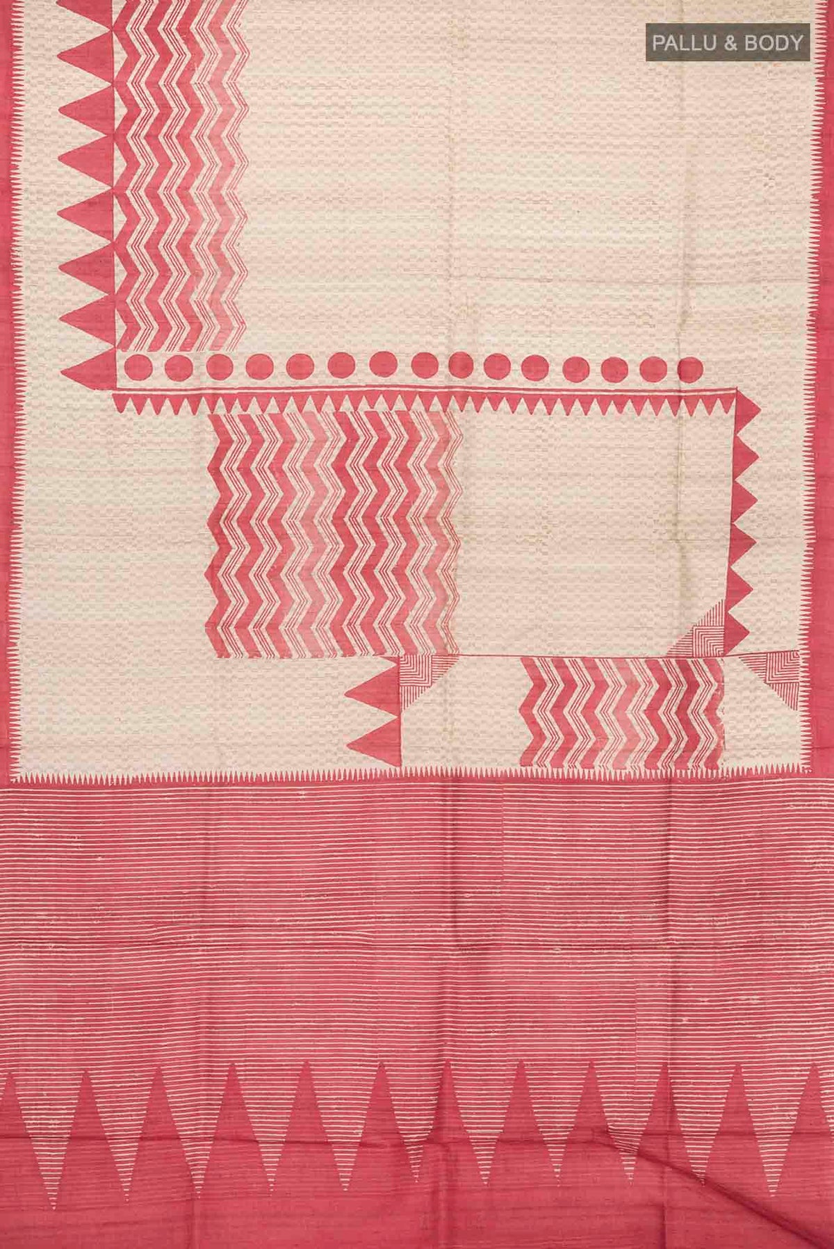 Flat view of Beige Bhagalpuri Tussar Silk Saree with Printed design on the body and Embroidery Border