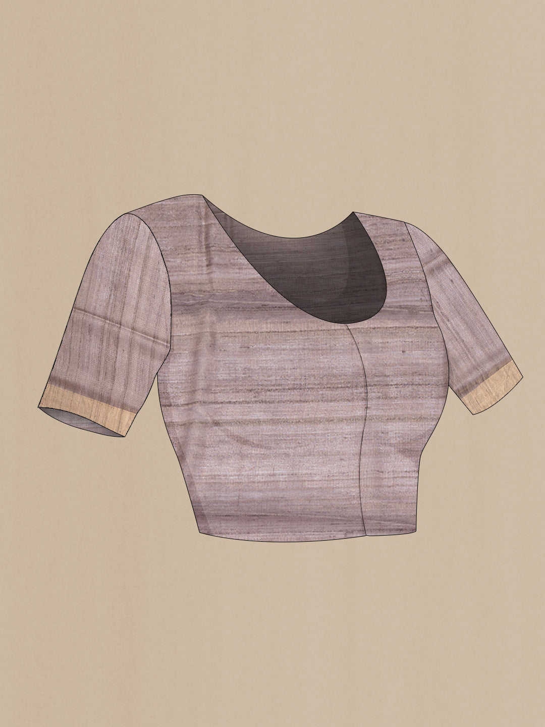 Close up image of the blouse of Grey Dual Tone Tussar Silk SareePrinted design on the body and Zari Border