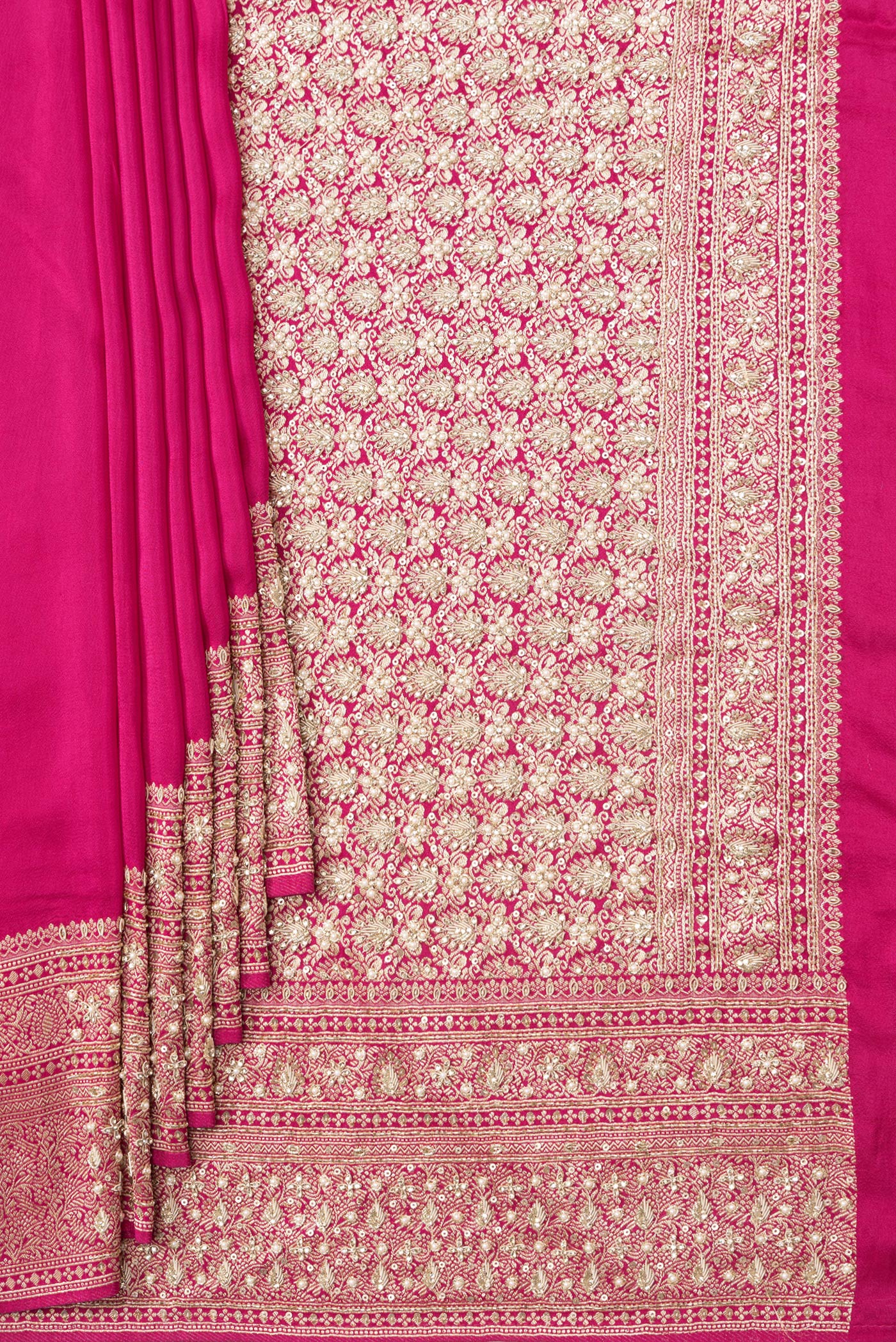 Pleats and pallu of Pink Dual Tone Satin Crepe Saree with Plain Body and Sequin Border. 
