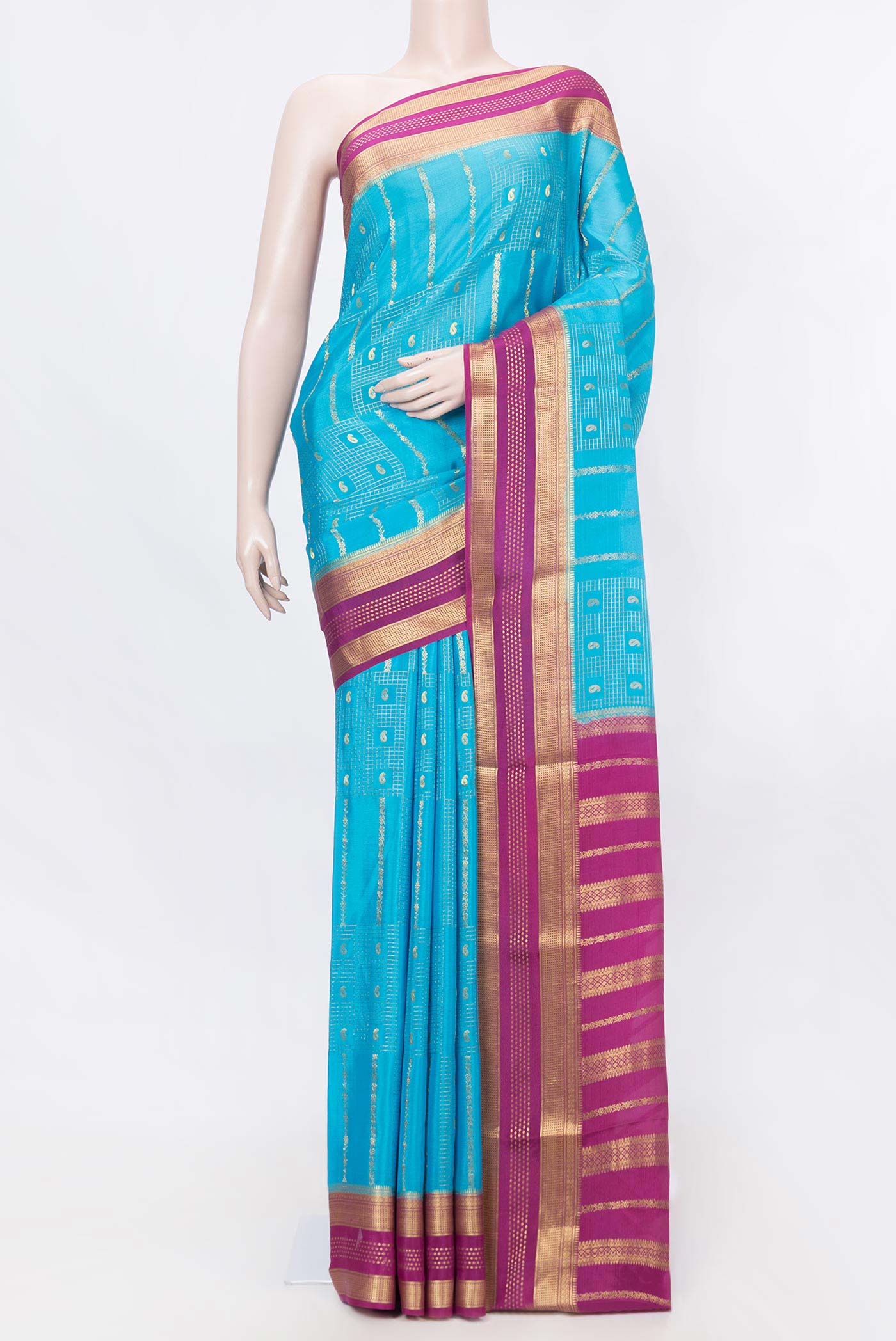 Sky Blue Dual Tone Mysore Crepe Saree with Stripes on the body and Zari Border displayed on a mannequin