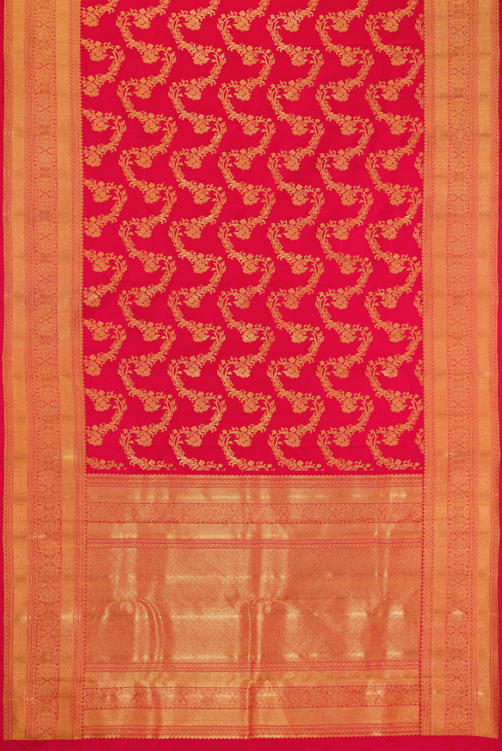 Flat view of Pure Silk Pure Zari Red Dual Tone Kanjivaram Saree with Zari Brocade on the body and Zari Border. 