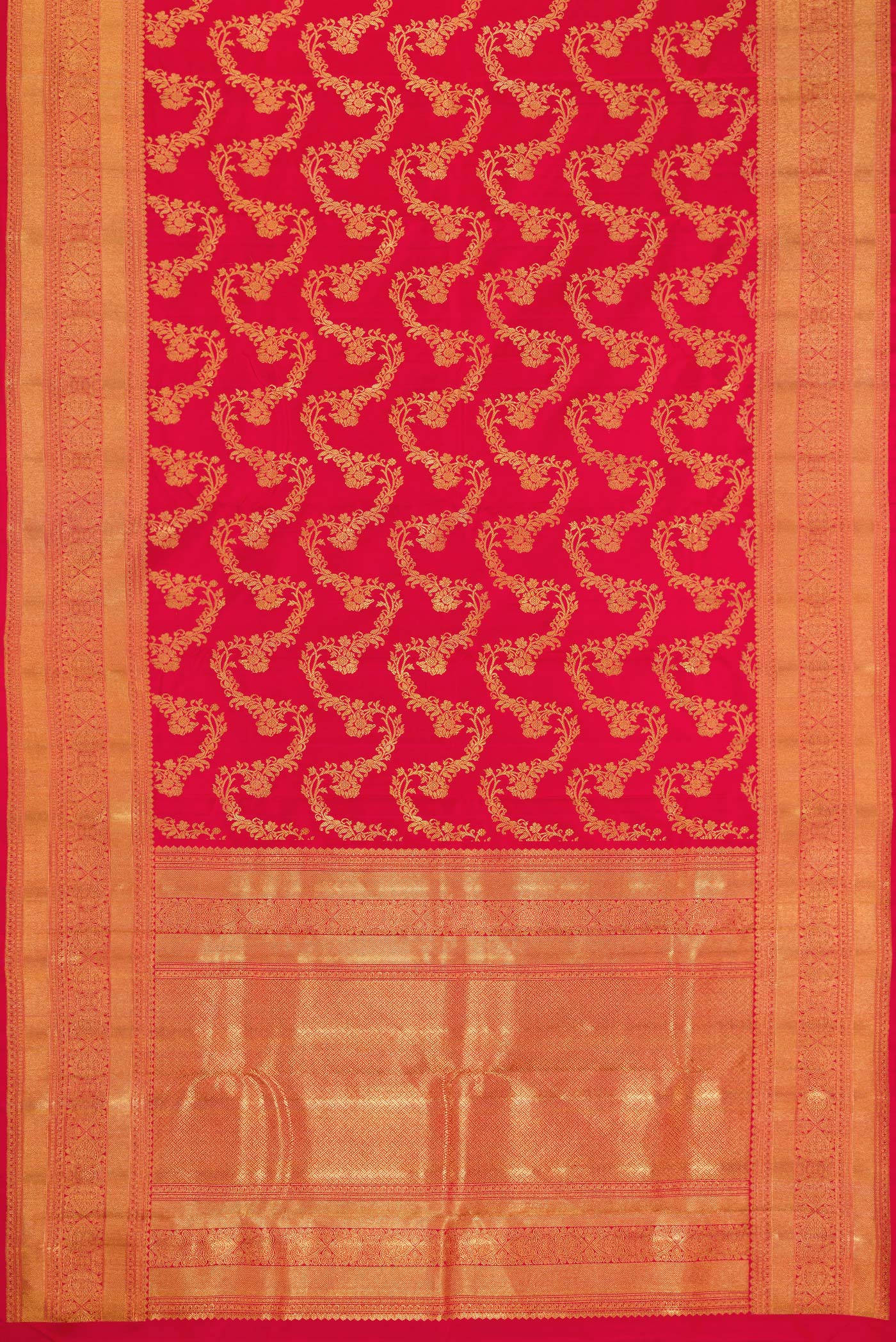 Flat view of Pure Silk Pure Zari Red Dual Tone Kanjivaram Saree with Zari Brocade on the body and Zari Border. 