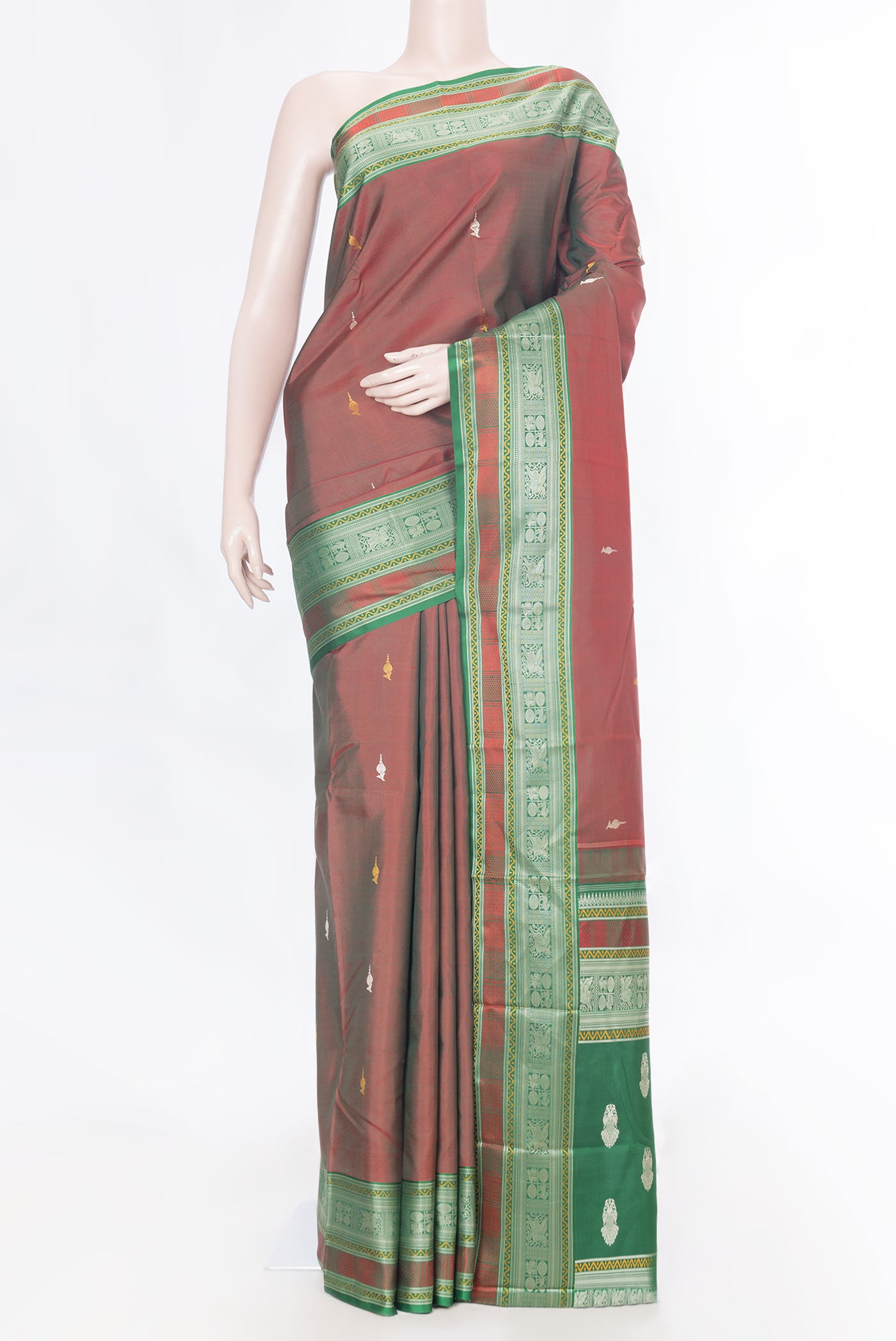 Maroon Dual Tone Kanchipuram Saree with Zari Butta on the body and Thread Border displayed on a mannequin