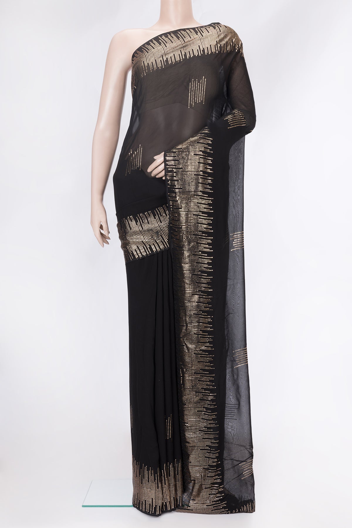Black Dual Tone Mysore Georgette Saree with Embroidery on the body and Fancy Border.  displayed on a mannequin