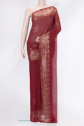 Maroon Dual Tone Mysore Georgette Saree with Embroidery on the body and Fancy Border.  displayed on a mannequin
