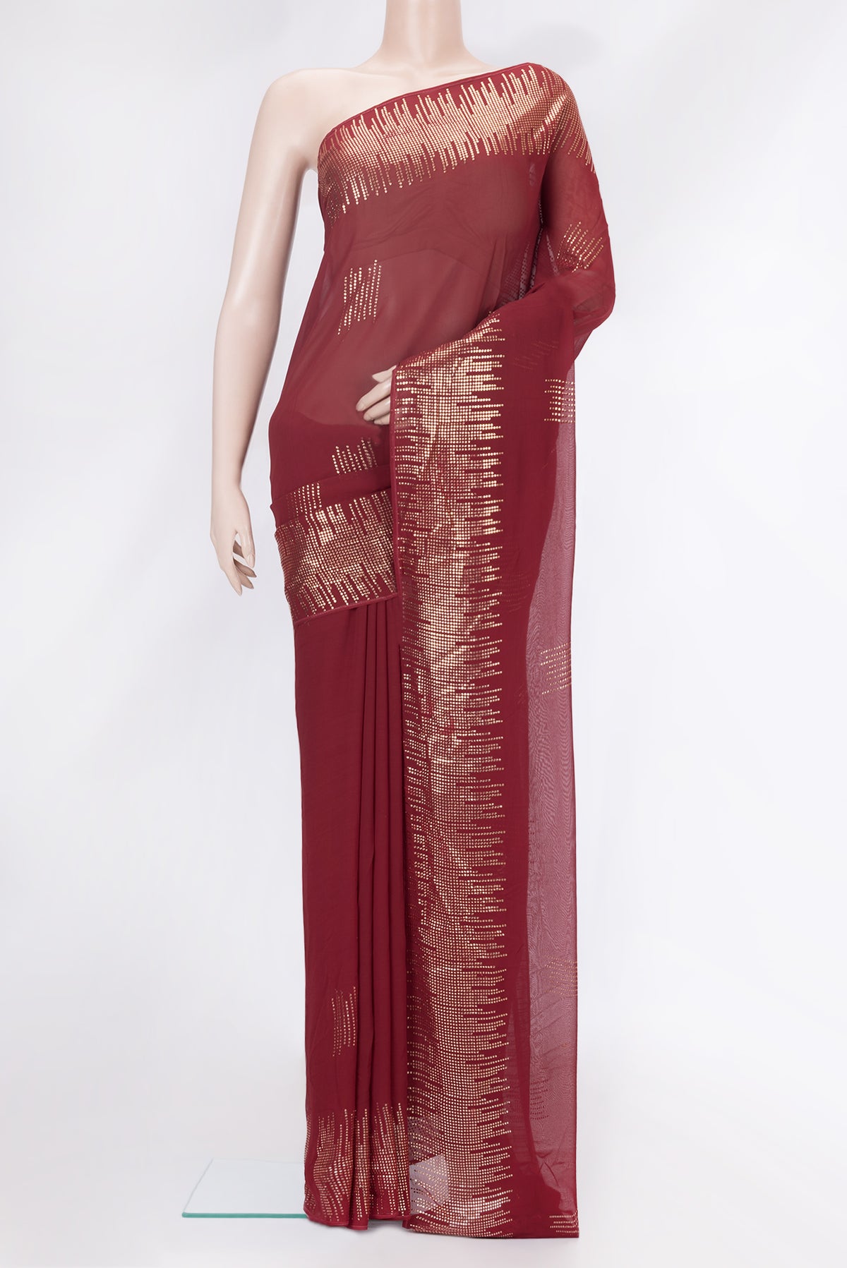 Maroon Dual Tone Mysore Georgette Saree with Embroidery on the body and Fancy Border.  displayed on a mannequin