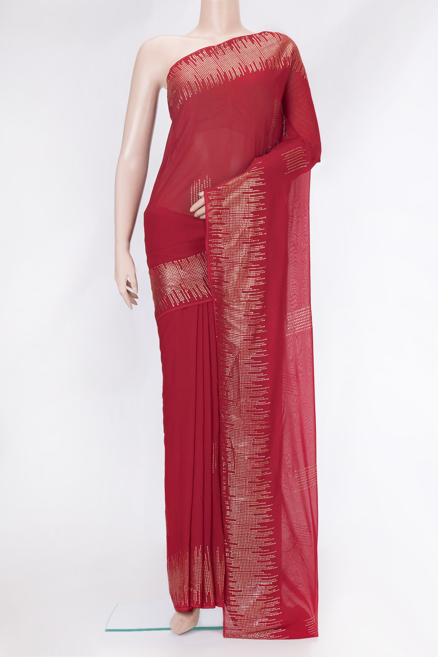 Red Dual Tone Mysore Georgette Saree with Embroidery on the body and Fancy Border.  displayed on a mannequin