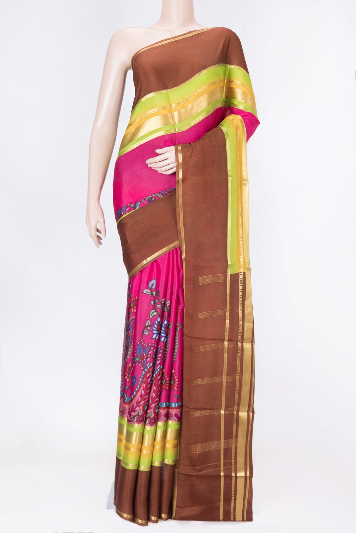 Pink Dual Tone Mysore Crepe Saree with Printed design on the body and Zari Border displayed on a mannequin