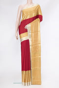 Red Dual Tone Mysore Silk Saree with Plain Body and Zari Border.  displayed on a mannequin