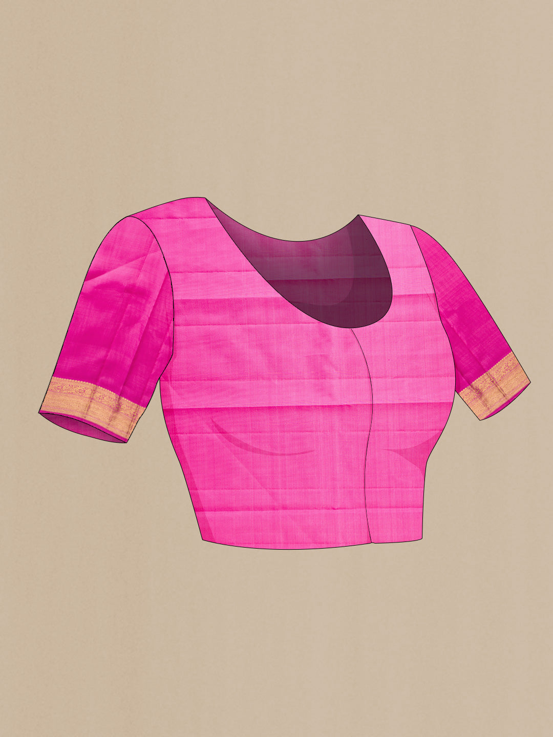 Close up image of the blouse of Pure Silk Pure Zari Rose pink Kanchipuram Saree with Zari Butta on the body and Zari Border