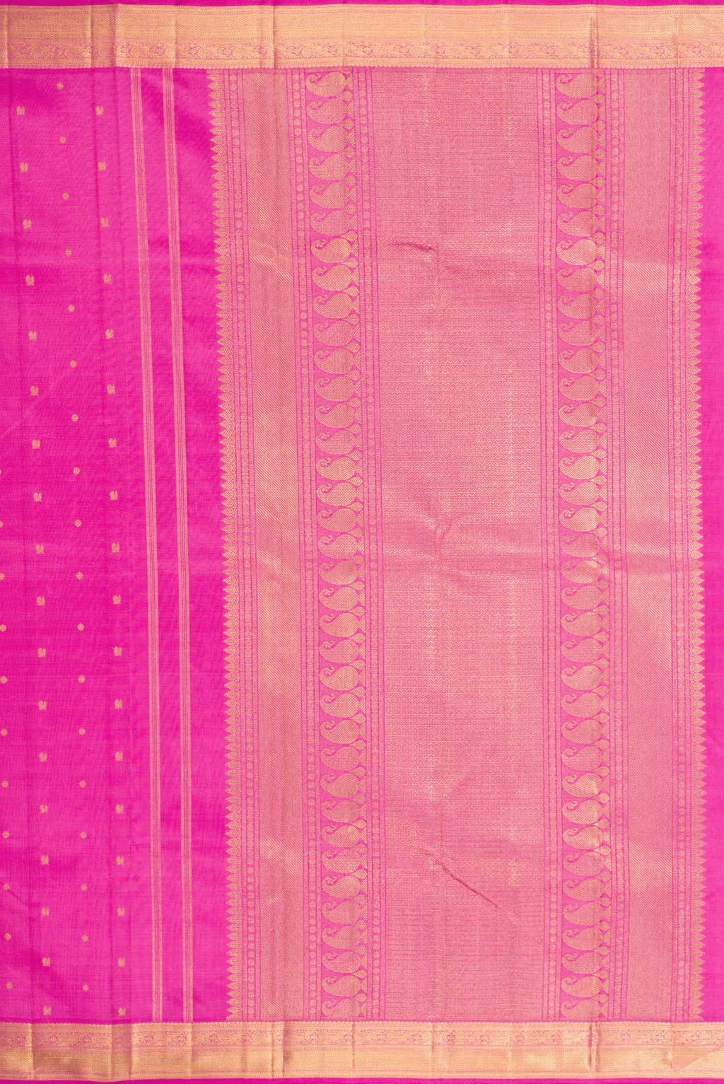 Close up image of the pallu of Pure Silk Pure Zari Rose pink Kanchipuram Saree with Zari Butta on the body and Zari Border