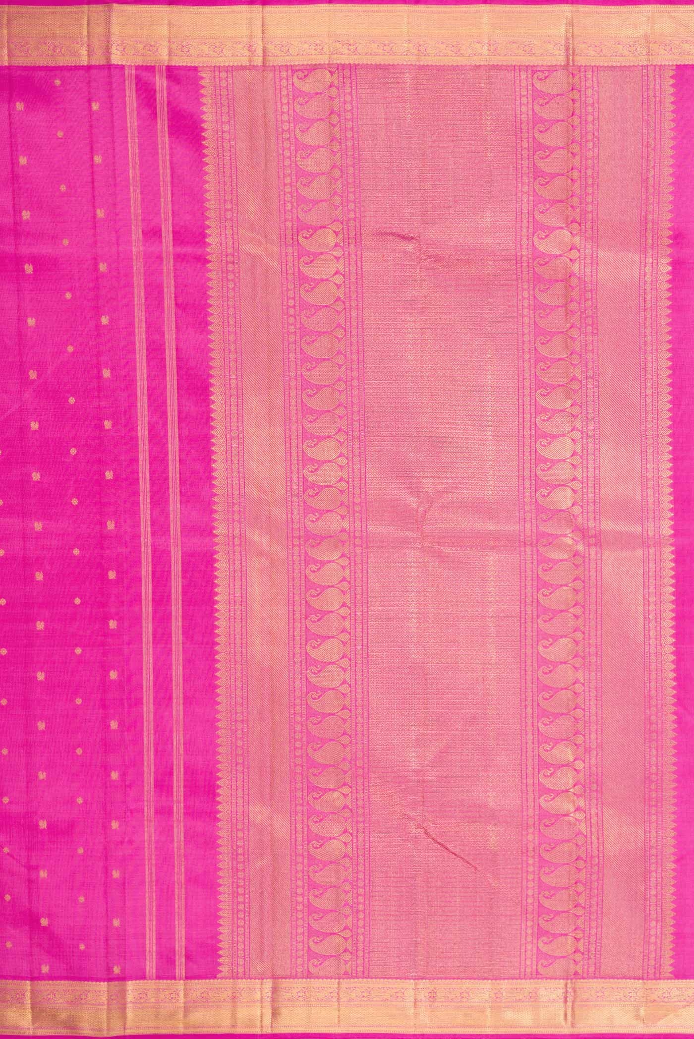 Close up image of the pallu of Pure Silk Pure Zari Rose pink Kanchipuram Saree with Zari Butta on the body and Zari Border