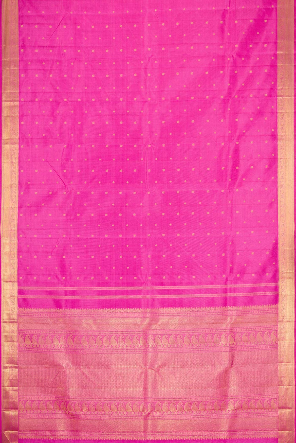 Flat view of Pure Silk Pure Zari Rose pink Kanchipuram Saree with Zari Butta on the body and Zari Border