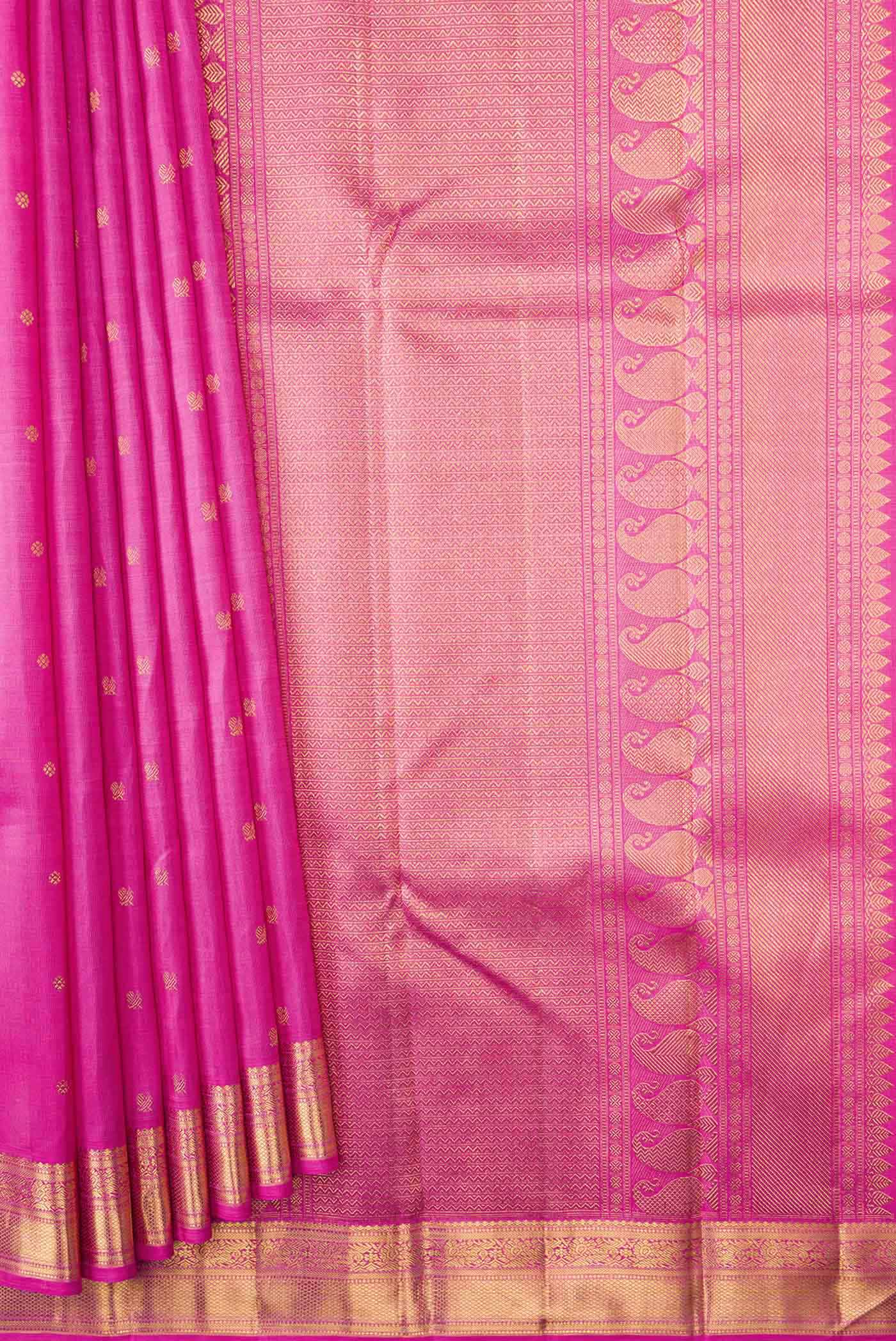 Pleats and pallu of Pure Silk Pure Zari Rose pink Kanchipuram Saree with Zari Butta on the body and Zari Border