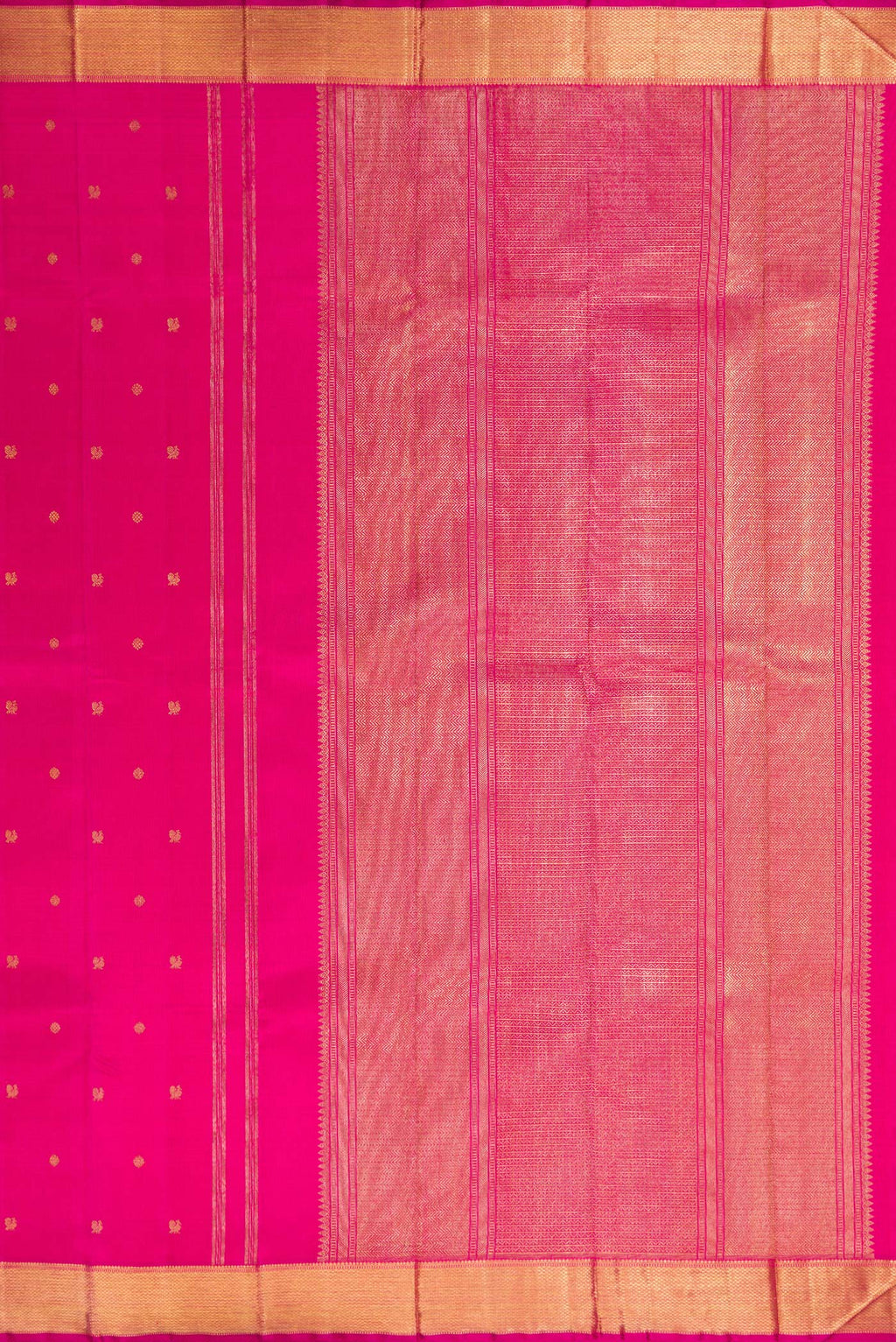 Close up image of the pallu of Pure Silk Pure Zari Pink Kanjivaram Saree with Zari Butta on the body and Zari Border. 