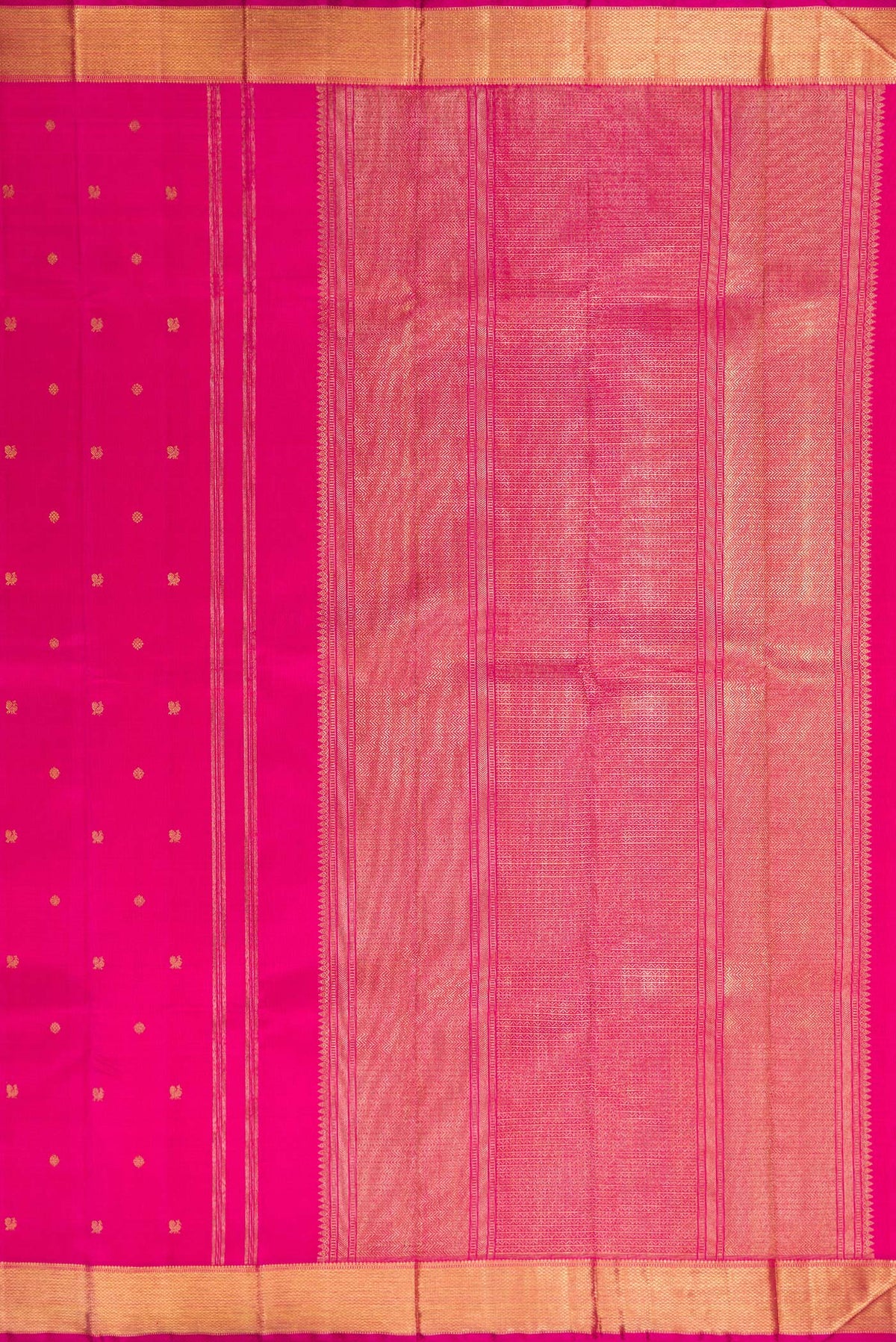 Close up image of the pallu of Pure Silk Pure Zari Pink Kanjivaram Saree with Zari Butta on the body and Zari Border. 