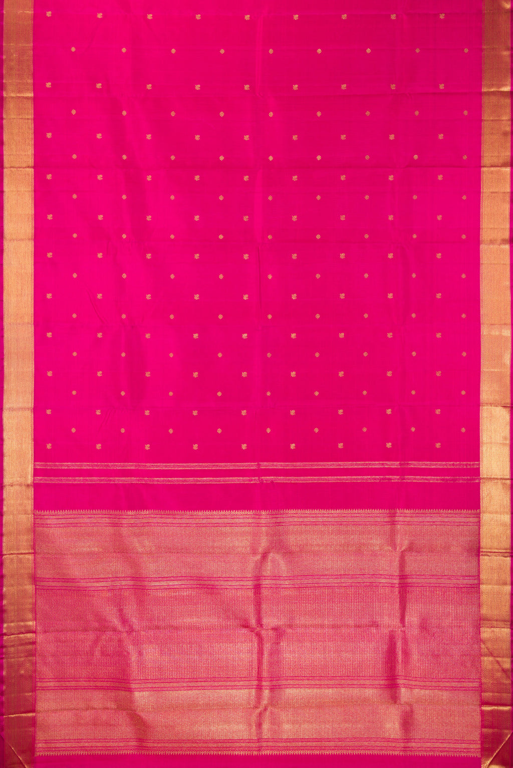 Flat view of Pure Silk Pure Zari Pink Kanjivaram Saree with Zari Butta on the body and Zari Border. 