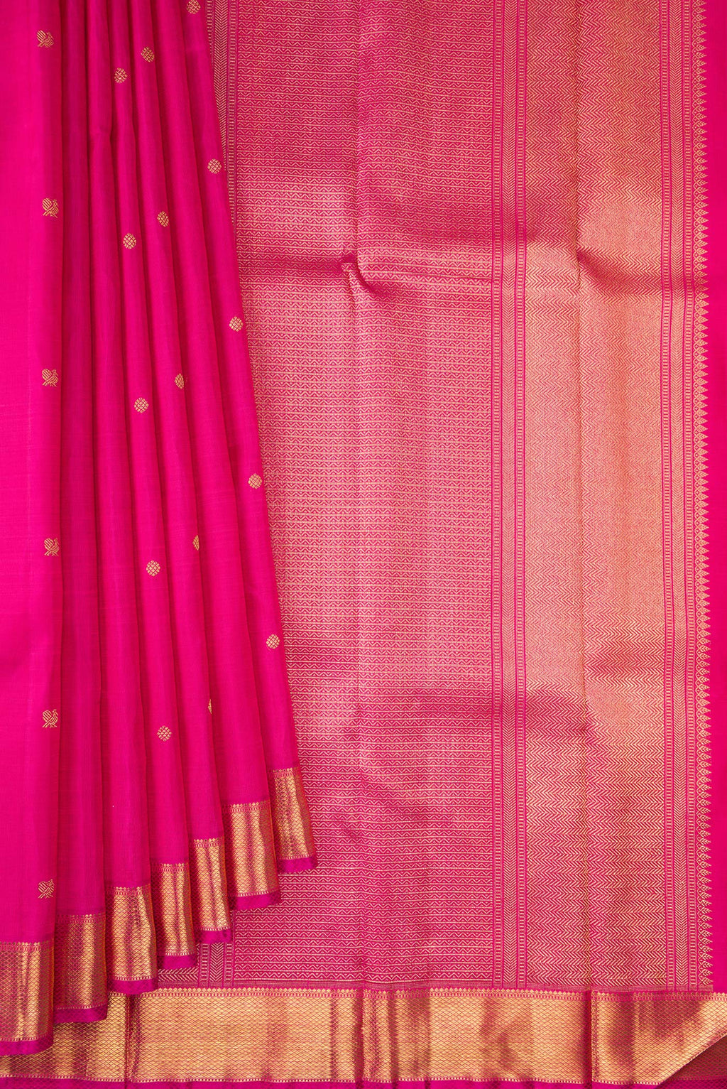 Pleats and pallu of Pure Silk Pure Zari Pink Kanjivaram Saree with Zari Butta on the body and Zari Border. 
