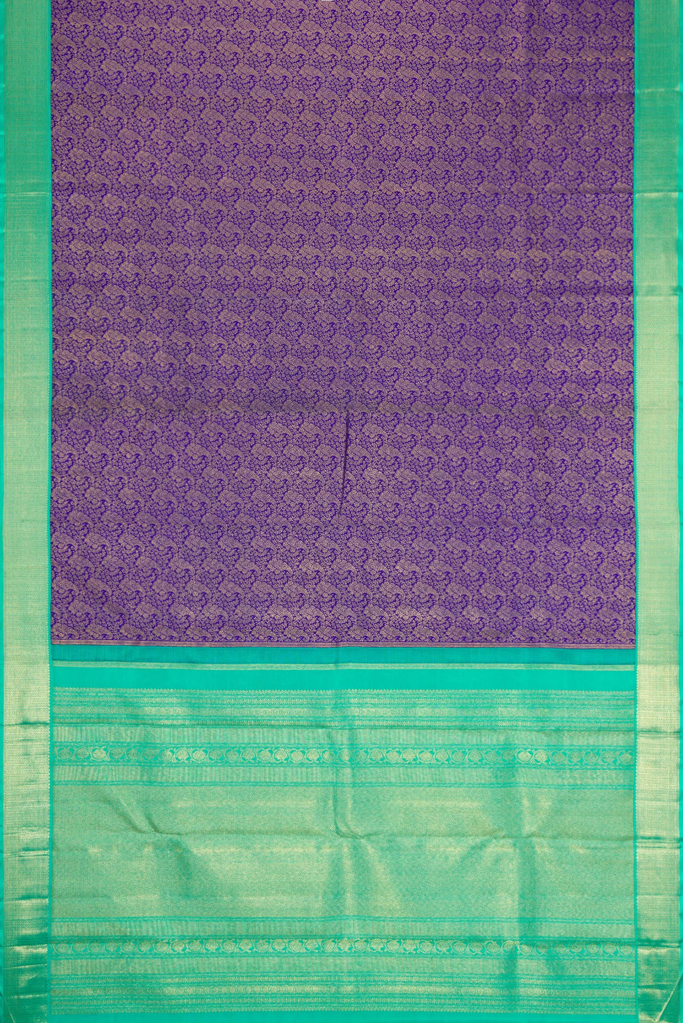 Flat view of Pure Silk Pure Zari Royal Blue Dual Tone Kanjivaram Saree with Zari Brocade on the body and Zari Border. 