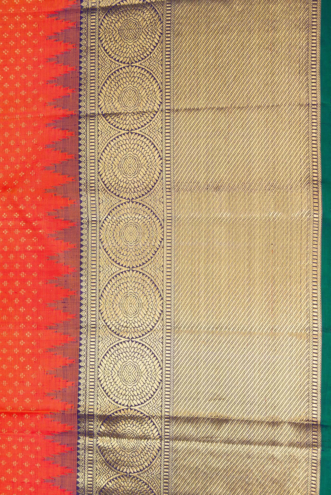 Border image of Pure Silk Pure Zari Orange Dual Tone Kanjivaram Saree with Zari Brocade on the body and Zari Border. 
