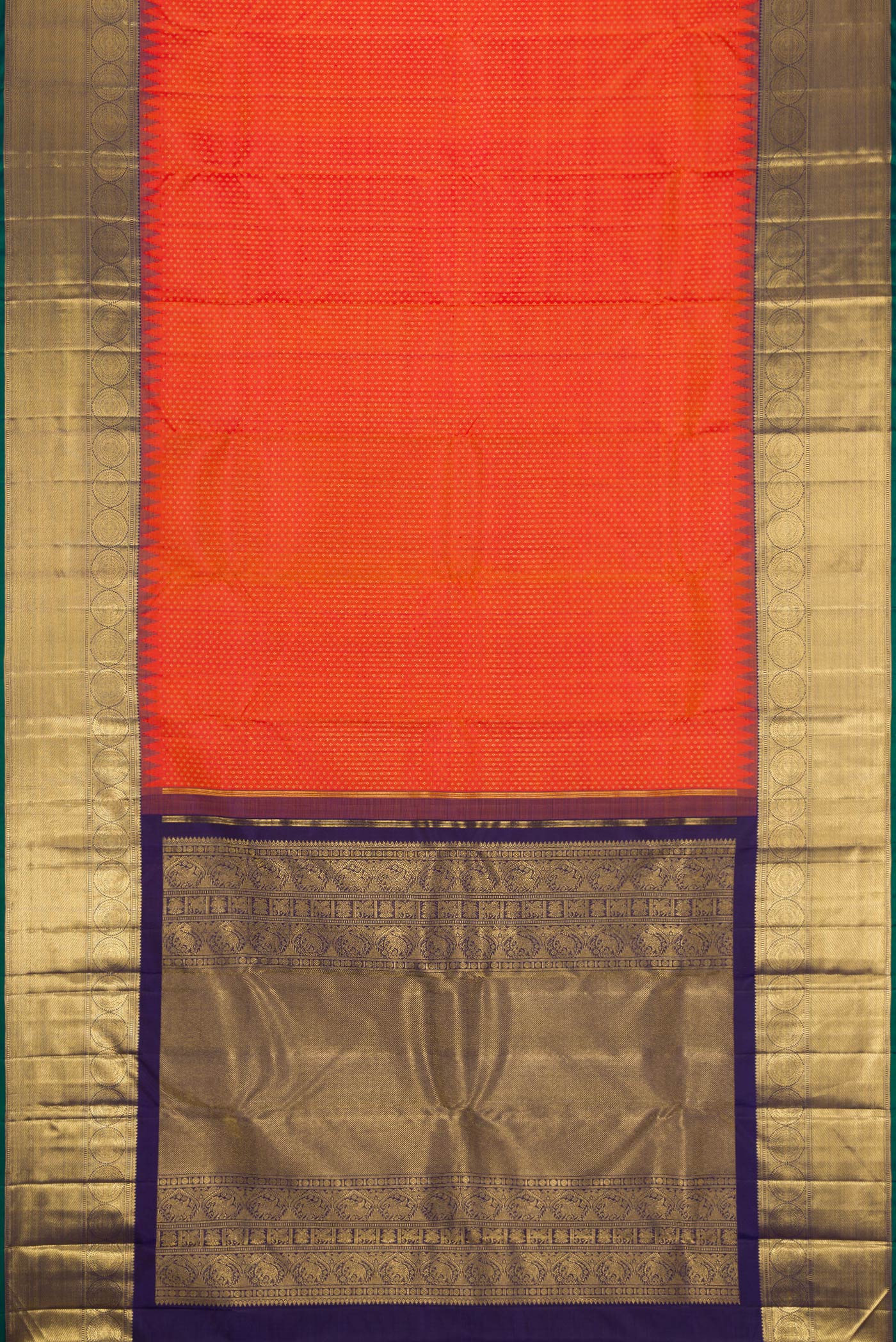 Flat view of Pure Silk Pure Zari Orange Dual Tone Kanjivaram Saree with Zari Brocade on the body and Zari Border. 