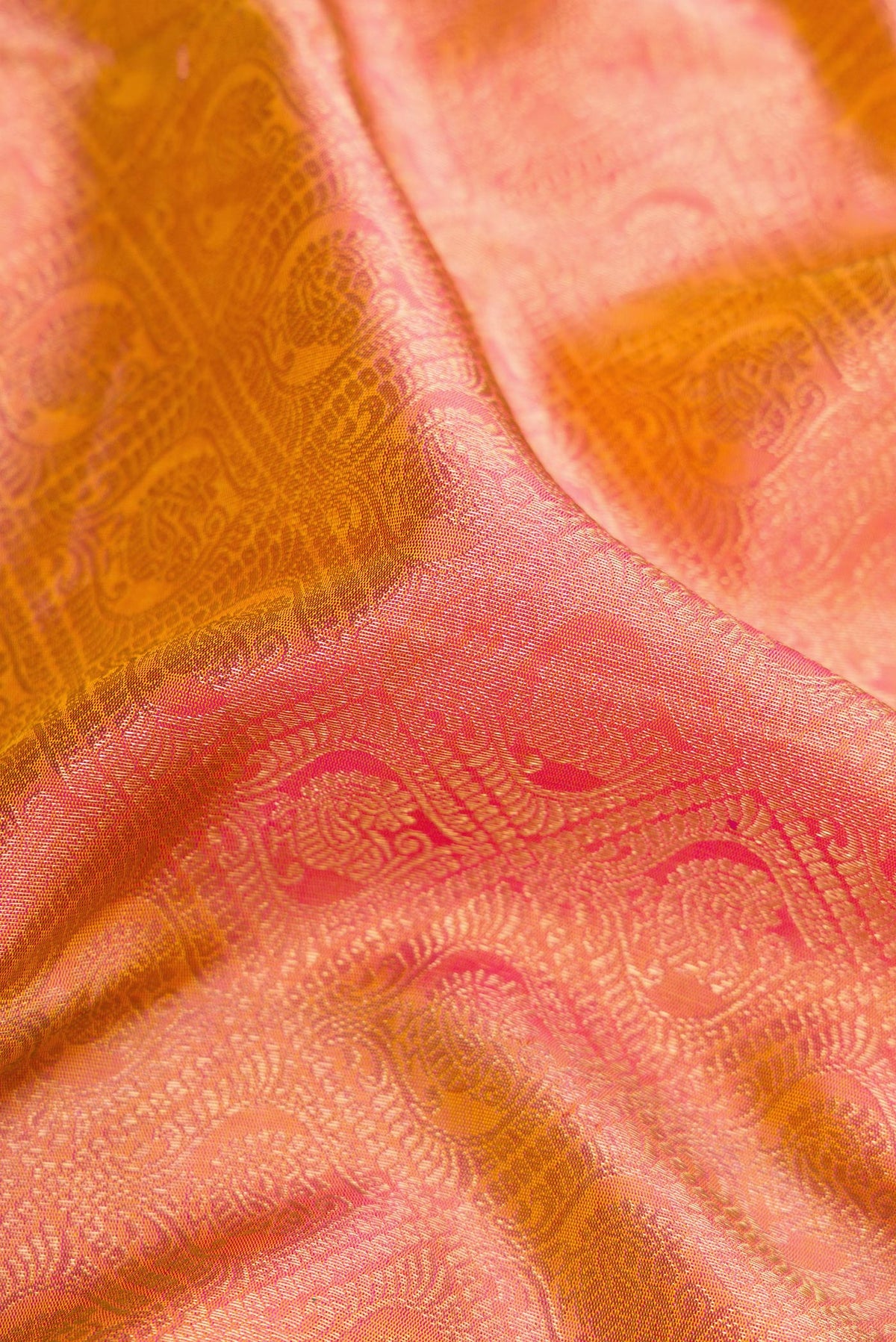Close up of Pink Dual Tone Kanjivaram Silk Saree with Zari Brocade on the body and Zari Border.  displaying folds