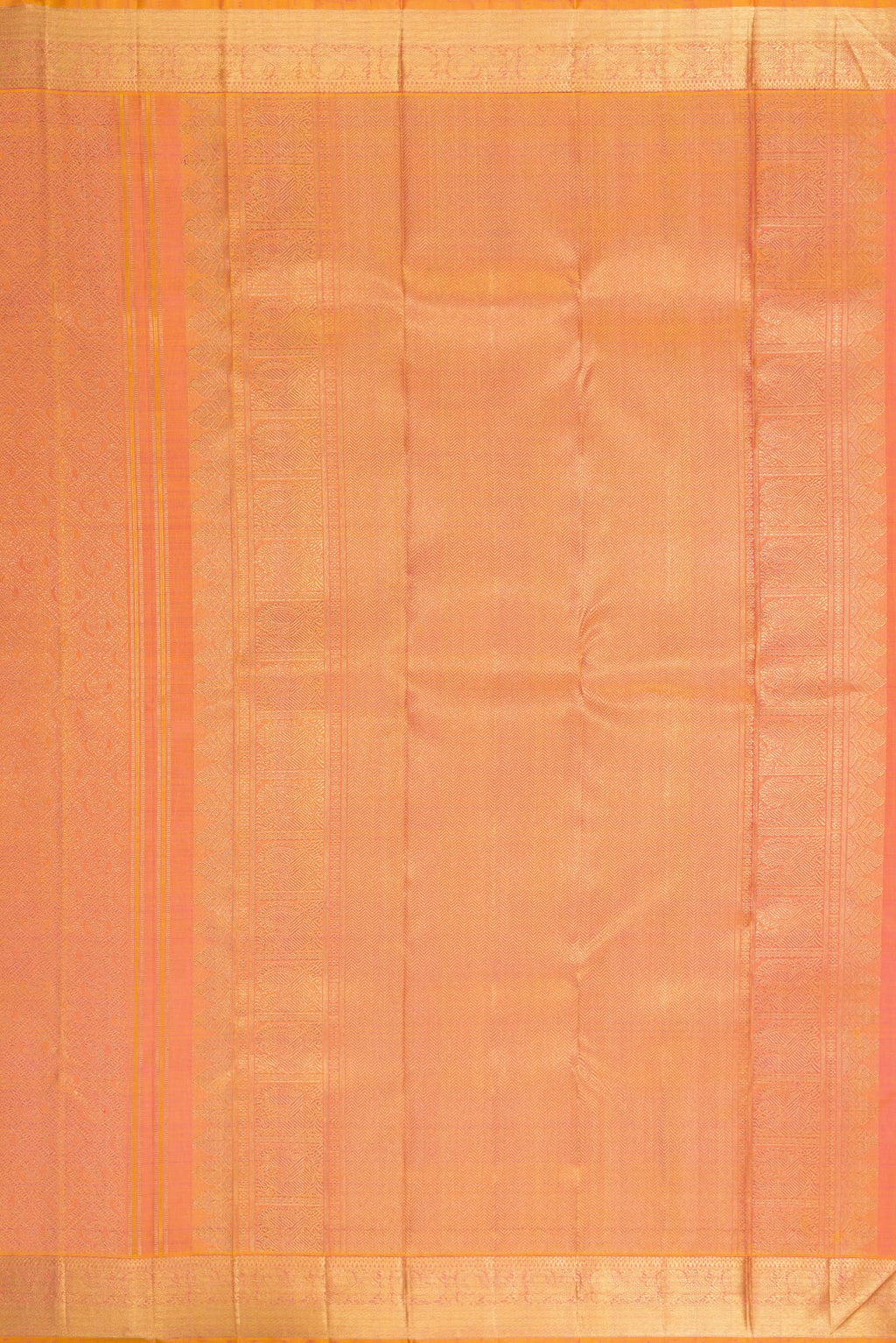 Close up image of the pallu of Pink Dual Tone Kanjivaram Silk Saree with Zari Brocade on the body and Zari Border. 